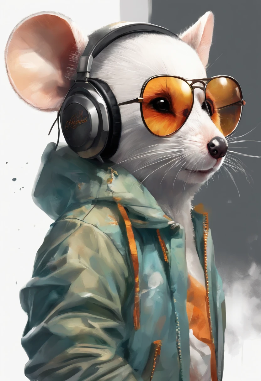 Perfect centering, Cute mouse, Wear a student team jacket, Wearing sunglasses, Wearing headphones, cheerfulness, Standing position, Abstract beauty, Centered, Looking at the camera, Facing the camera, nearing perfection, Dynamic, Highly detailed, smooth, Sharp focus, 8K, high definition resolution, illustration, Art by Carne Griffiths and Wadim Kashin, White background