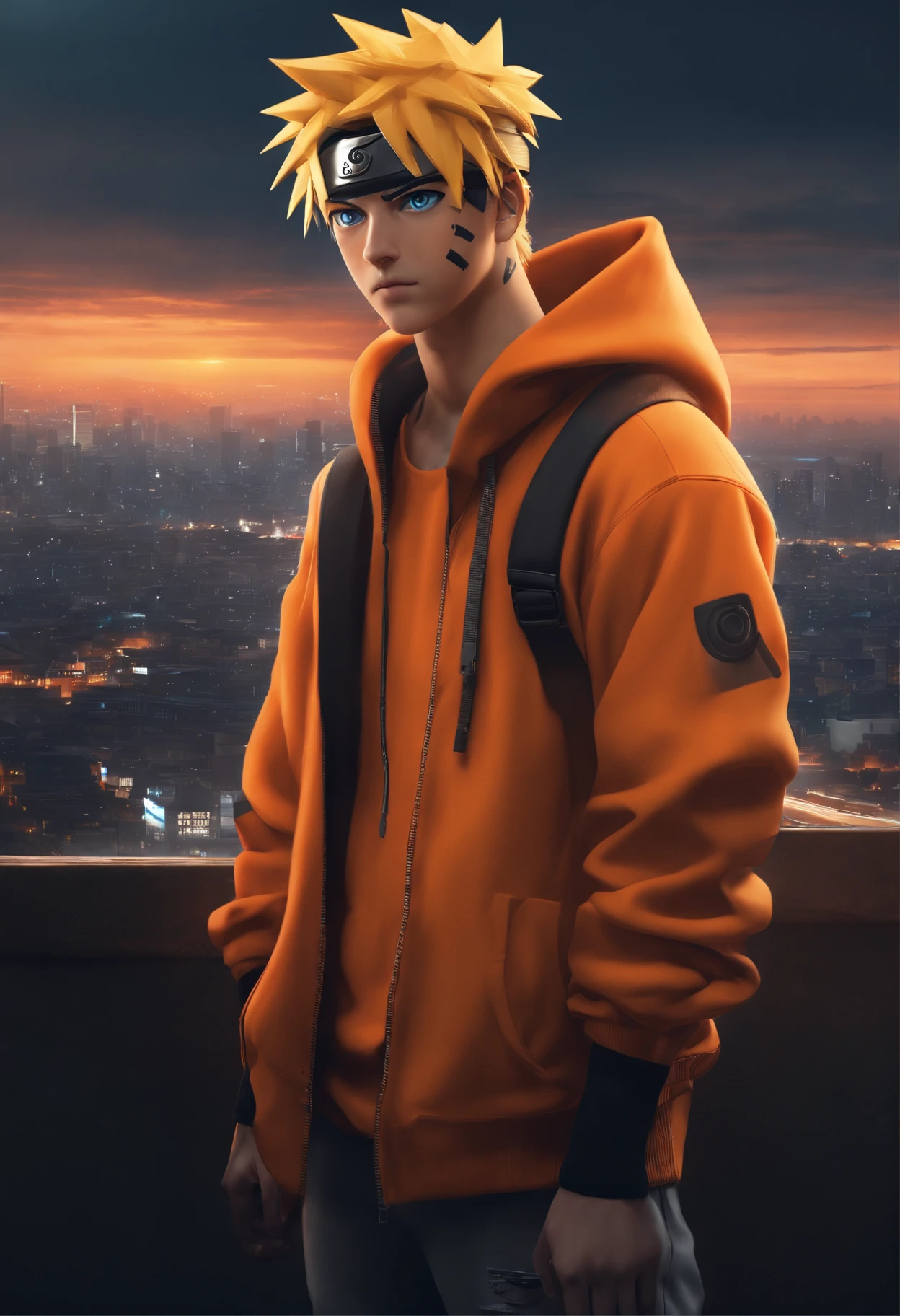 Detailed portrait view of a one Japanese  boy (Naruto) with pointy and spiky yellow hair and blue eyes wearing a orange Nike hoodie and black baggy jeans and white nike jordans looking at the camera with serious expression and holding a Kunai knife in hand, Japanese city in the background, neon lights, cinematic lighting, super detailed, 4K resolution, cyberpunk theme, hyper realistic, photorealistic, orange colour tones, realistic, 4K wallpaper, gen z