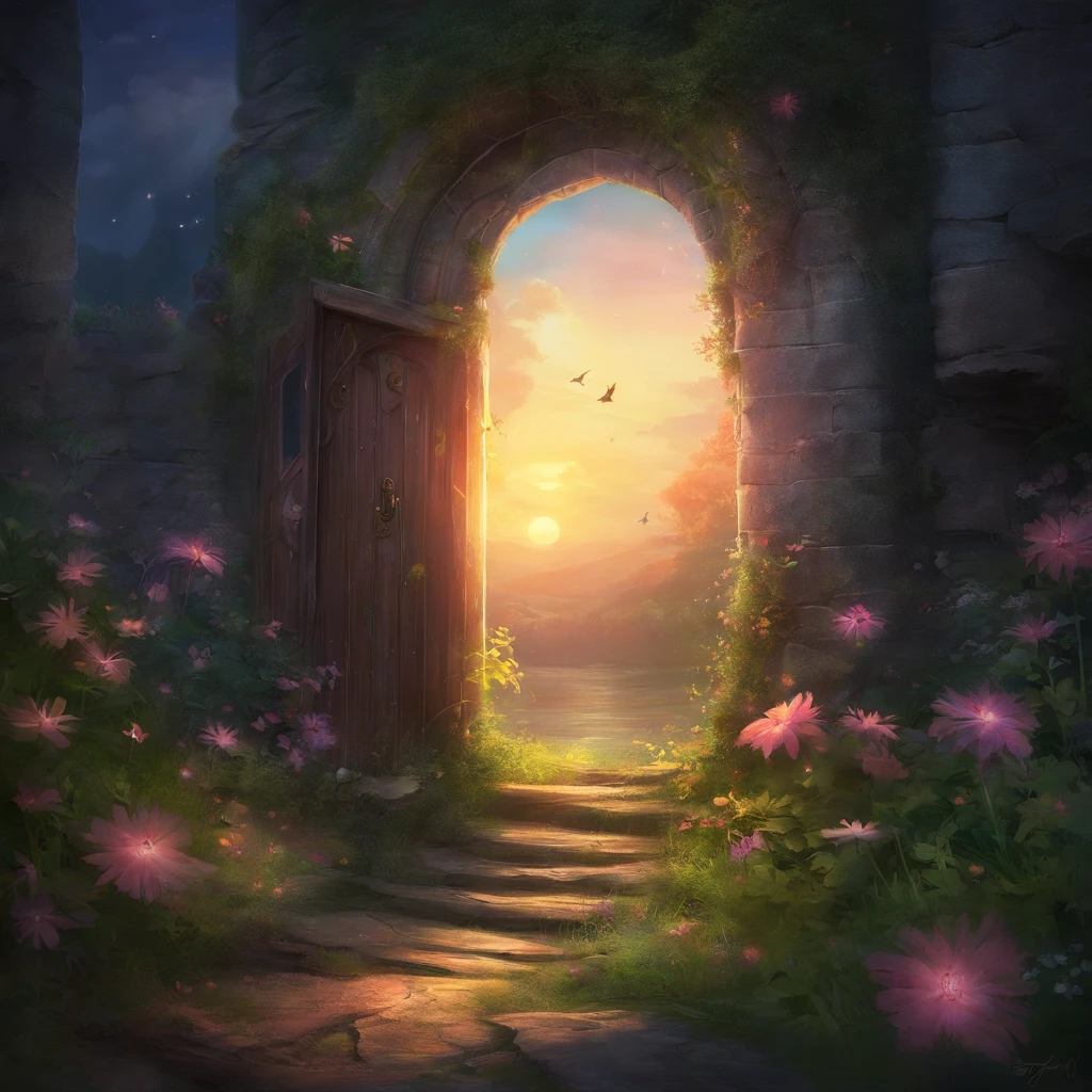 The door closes, and the sun sets. Fallen flowers befriend mosses. All is quiet, masterpiece, best quality