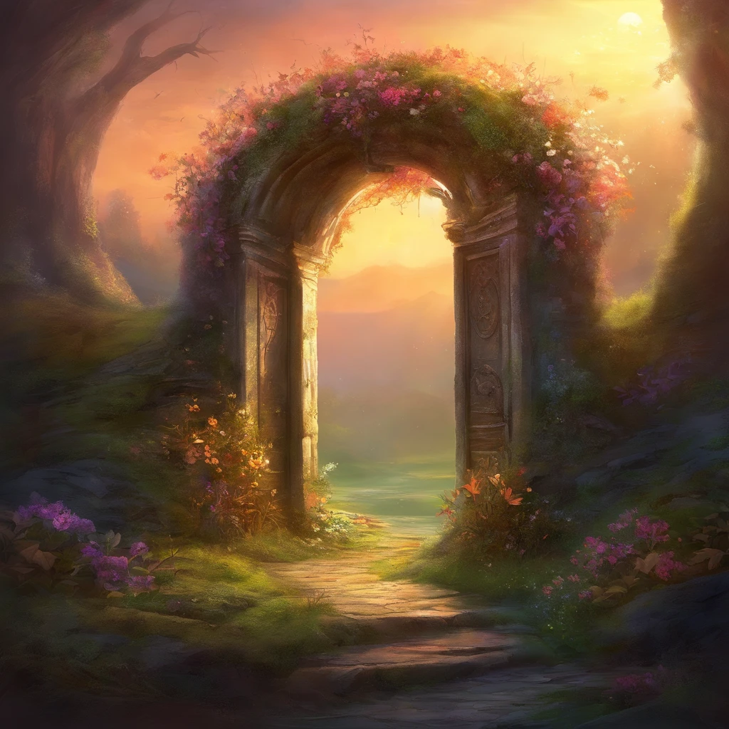 The door closes, and the sun sets. Fallen flowers befriend mosses. All is quiet, masterpiece, best quality