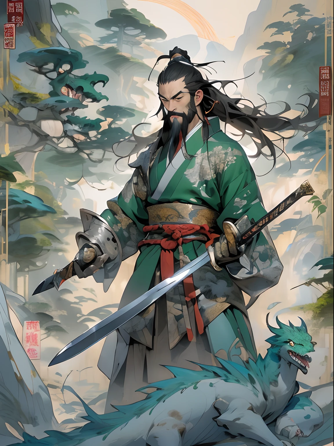 (((China-style，Ink painting method，Half-length portrait，Intense color，Han dynasty, China，Hanfu，Armor，Guan yu，Guan Yunchang，of a guy，Ruddy killing square face，Hold the Blue Dragon Moon Knife in his right hand，Stroke your beard with your left hand，Long hair，petty eyes，Green robe))), (((best qualityer))), (((tmasterpiece))), (((AS-Adult))), ((( Japanese ))), Look up from your knees, Handsome Asian samurai，perfect body figure, Modern samurai, ((( Asian))), Wear gloves on your hands，The left arm is made of steel and metal tips，Made of protective devices, The eyes are pulled, (( Appears below the chest )), (( Small dental floss )), Simon Bisley, Almost naked（Simon Bisley）Castle City Wilderness，For high-resolution posters, hair straight, Minimum clothing, armure (Crazy clothes ), Full of tips and rivets, tribal tattoos, (((full bodyesbian))), Straight brunette hair，Colored hair ends