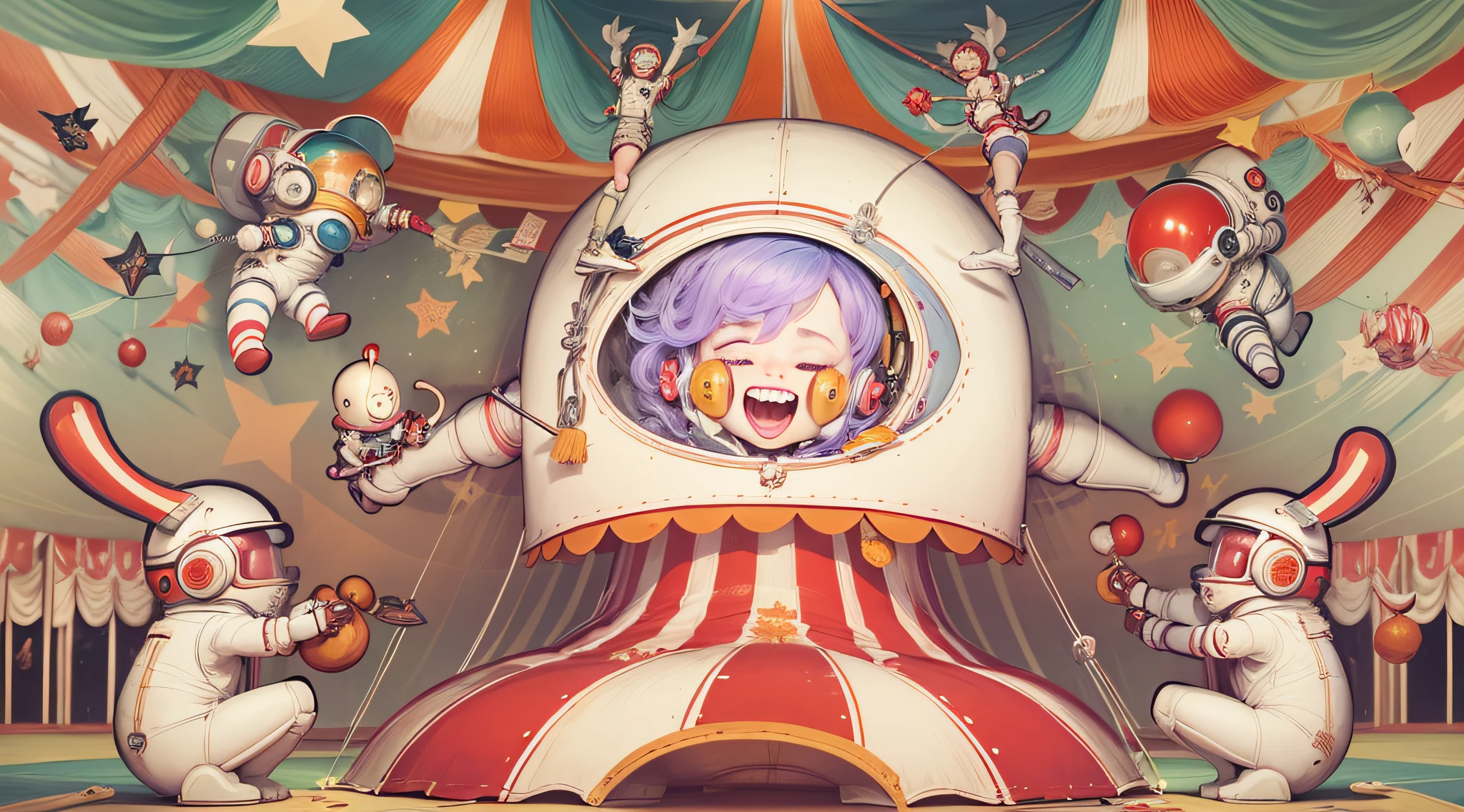"((Best quality)), ((masterpiece)), ((dreamy)), ((colourful)), "Imagine a dreamy fantastical dreamscape where detailed caricature cute spacemen is playing The flying trapeze, big head short hands short legs short body, big round opaque helmet covered face, white space suit, wear big "red headphone", hands with red gloves, background is a circus, chaotic, fun, performance, circus canvas tent, spontaneous, acrobatics, cheers, audience