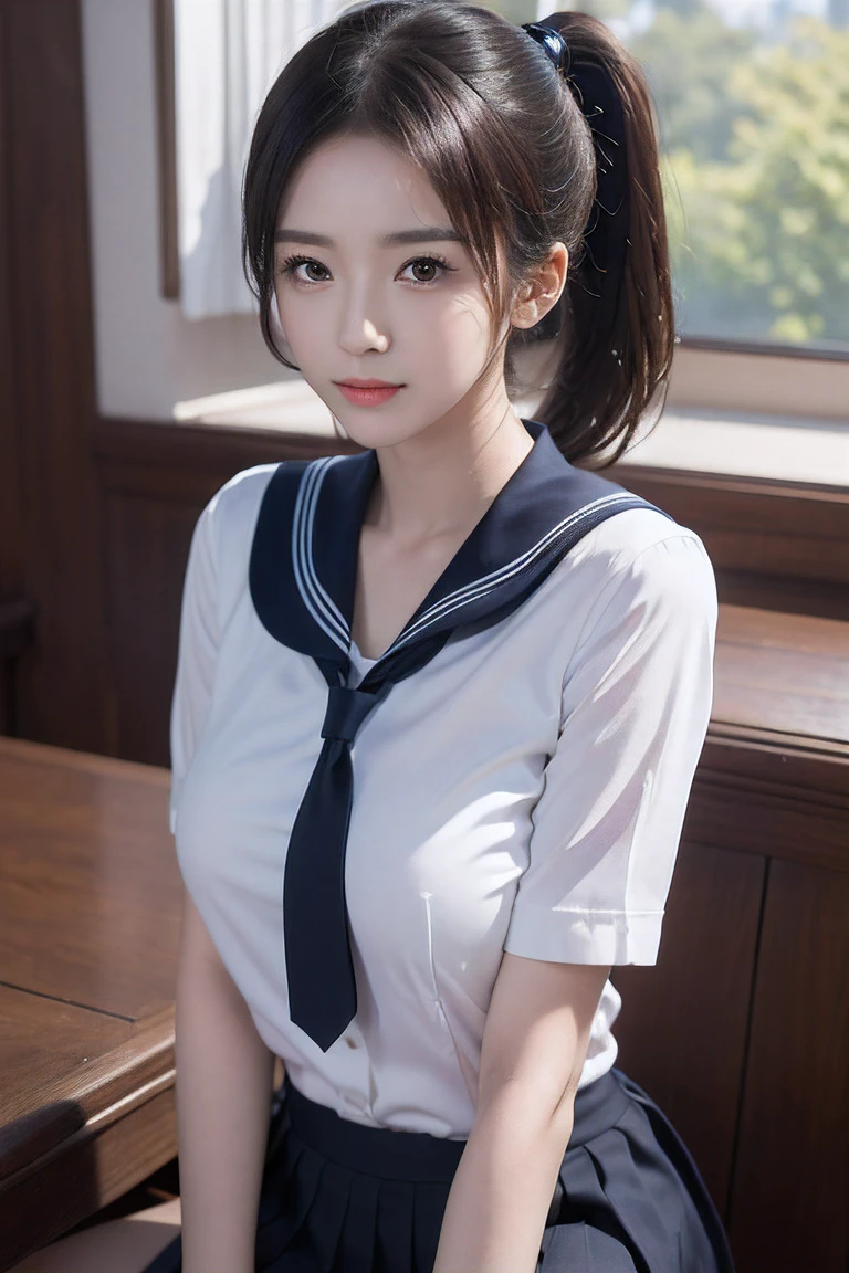 (1girl:1.3, solo), (a extremely pretty and beautiful Japanese woman), (sexy girl), (professional attire:1.3), (22 years old: 1.1), (from below:1.3), (low angle:1.3), (ground level shot:1.3), (girl on top:1.3), (arms behind back between legs:1.3), (attractive random posing:1.3), (in the queenroom:1.3), (starring at you:1.3), break, (bobble ponytail:1.3), (shiny-black thin hair:1.2), bangs, dark brown eyes, beautiful eyes, princess eyes, (big eyes:1.3), bangs, Hair between eyes, short hair:1.3, (slender:1.1), (small-medium-breasts:0.95), (thin waist: 1.15), (detailed beautiful girl: 1.4), Parted lips, Red lips, full-make-up face, (shiny skin), ((Perfect Female Body)), (Upper Body Image:1.3), Perfect Anatomy, Perfect Proportions, (most beautiful Korean actress face:1.3, extremely cute and beautiful Japanese actress face:1.3), BREAK, (View viewer, (insanely detailed collared sailor shirt:1.3), (black box-skirt:1.3), detailed clothes, BREAK, (detailed classy queenroom background:1.2), (dark background), (Studio soft lighting: 1.3), (fake lights: 1.3), (backlight: 1.3), BREAK, (Realistic, Photorealistic: 1.37), (Masterpiece, Best Quality: 1.2), (Ultra High Resolution: 1.2), (RAW Photo: 1.2), (Sharp Focus: 1.3), (Face Focus: 1.2), (Ultra Detailed CG Unified 8k Wallpaper: 1.2), (Beautiful Skin: 1.2), (pale Skin: 1.3), (Hyper Sharp Focus: 1.5), (Ultra Sharp Focus: 1.5), (Beautiful pretty face: 1.3), (super detailed background, detail background: 1.3), Ultra Realistic Photo, Hyper Sharp Image, Hyper Detail Image,