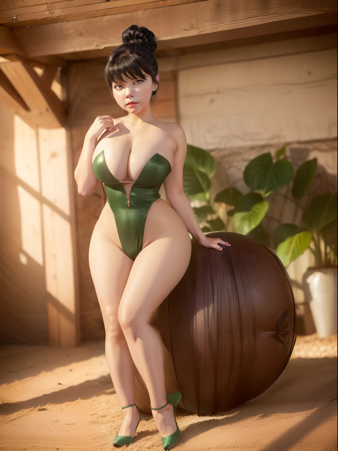 A dark-haired、1womanl、Bery short hair、Tinker Bell Costume、Full body like、beauty legs、smirking face、huge tit、Big buttocks、Constricted waist