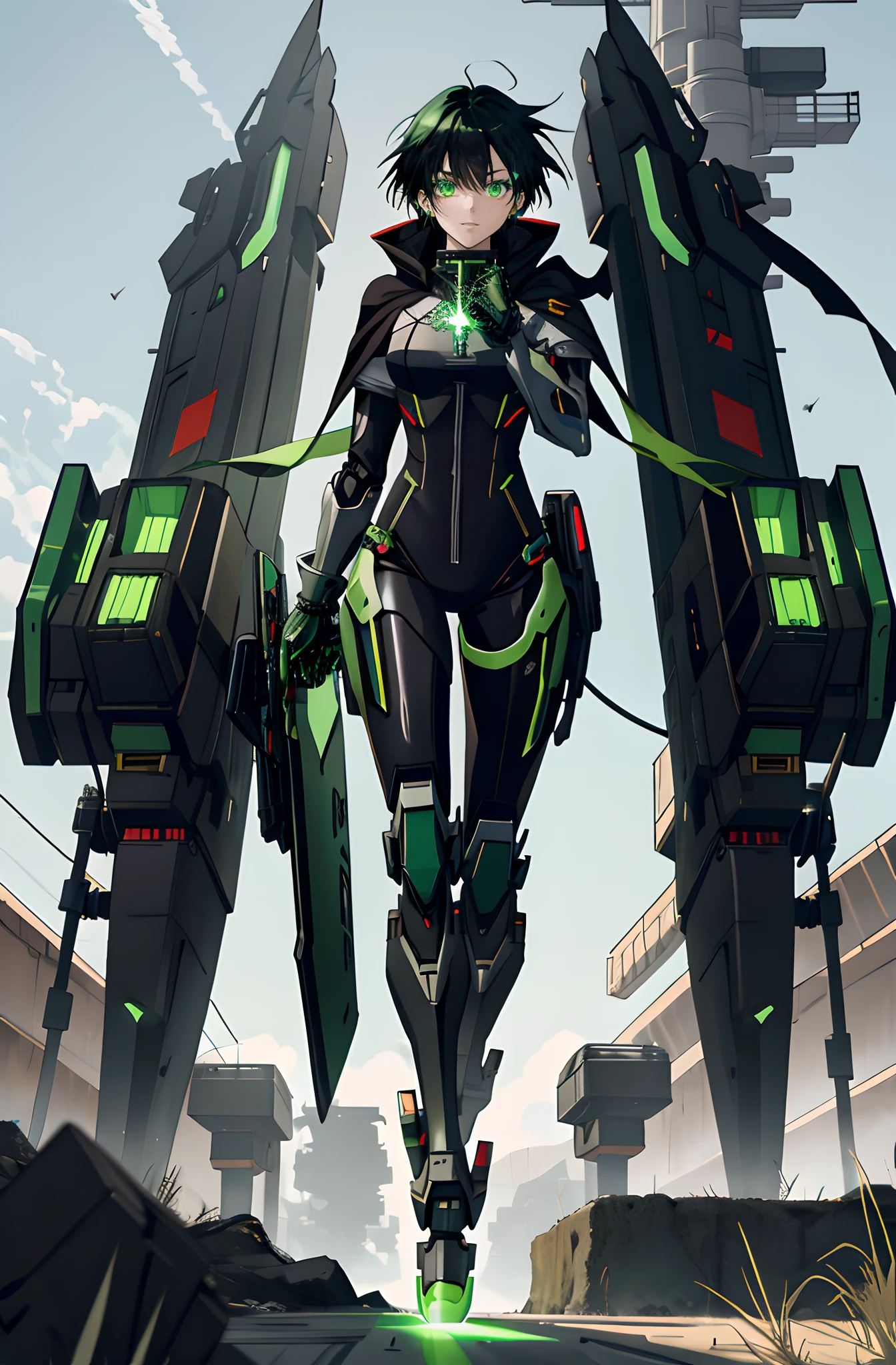 Black cape and green hair, rogue anime girl, Anime girl standing gracefully, Wearing a cloak on the blasted plain, asuka suit under clothes!, holy cyborg necromancer girl, badass posture, mechanic punk outfit, anime styled 3d, render of a cute 3d anime girl, gapmoe yandere grimdark, Female character,musculature,Abs,Glowing green eyes,Black hair with green gradient,short detailed hair,Bunched hair,Dull hair,(1.5),Tomboyish,Be red in the face,looking at viewert,There was a mech next to her,The mech stretched out its cannon,Black color mecha,Hover nails,Elaborate Eyes,Black mechanical legs,There is a hole in the wall,Mecha slash,huge tit,1.5,tightsuit,walking to a viewer,dynamicposes,There is a glowing crystal on the chest,ssmile