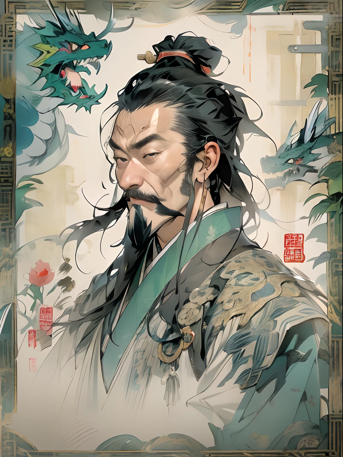 (((China-style,Ink painting method,Half-length portrait,Intense color,Han dynasty, China,Hanfu,Armor,Guan yu,Guan Yunchang,of a guy,Ruddy killing square face,Hold the Blue Dragon Moon Knife in his right hand,Stroke your beard with your left hand,Long hair,petty eyes,Green robe))), (((best qualityer))), (((tmasterpiece))), (((AS-Adult))), ((( Japanese ))), Look up from your knees, Handsome Asian samurai,perfect body figure, Modern samurai, ((( Asian))), Wear gloves on your hands,The left arm is made of steel and metal tips,Made of protective devices, The eyes are pulled, (( Appears below the chest )), (( Small dental floss )), Simon Bisley, Almost ?????(Simon Bisley)Castle City Wilderness,For high-resolution posters, hair straight, Minimum clothing, armure (Crazy clothes ), Full of tips and rivets, tribal tattoos, (((full bodyesbian))), Straight brunette hair,Colored hair ends