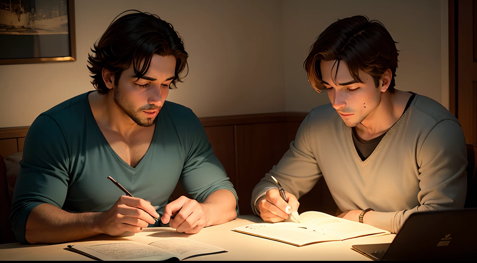 A family scene of two brothers, um deles com fones de ouvido, imersos em seus estudos, enquanto a luz suave do quarto ilumina a cena.