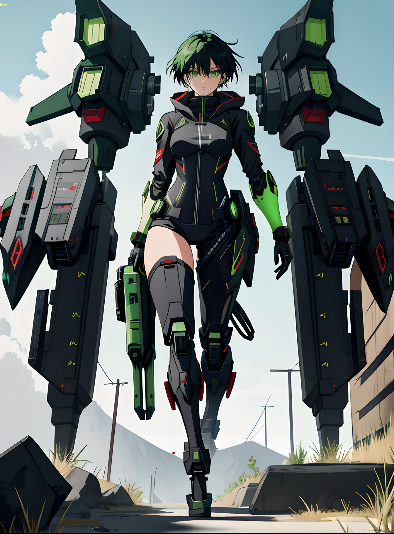 Black cape and green hair, rogue anime girl, Anime girl standing gracefully, Wearing a cloak on the blasted plain, asuka suit under clothes!, holy cyborg necromancer girl, badass posture, mechanic punk outfit, anime styled 3d, render of a cute 3d anime girl, gapmoe yandere grimdark, Female character,musculature,Abs,Glowing green eyes,Black hair with green gradient,short detailed hair,Bunched hair,Dull hair,(1.5),Tomboyish,Be red in the face,looking at viewert,There was a mech next to her,Black color mecha,Elaborate Eyes,Black mechanical legs,There is a hole in the wall,Mecha slash,huge tit,1.5,tightsuit,walking to a viewer,dynamicposes,The girl has a pair of mechanical giant hands,robotic hand,She has no hands,ssmile