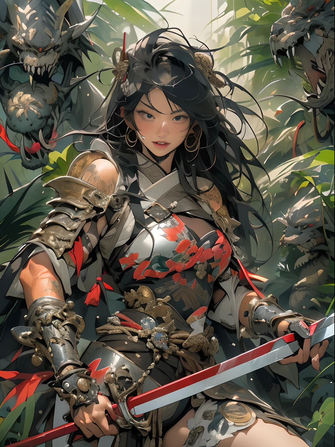 (((woman))), (((best qualityer))), (((tmasterpiece))), (((AS-Adult))), ((( Japanese ))), Look up from your knees, A beautiful asian samurai woman with perfect body, Modern samurai, ((( Asian))), Wear gloves on your hands,The left arm is made of steel and metal tips,Made of protective devices, The eyes are pulled, (( Appears below the breast )), (( Small dental floss )), Simon Bisley, Almost naked(Simon Bisley)Castle City Wilderness,For high-resolution posters, hair straight, Minimum clothing, armure (Crazy clothes ), Full of tips and rivets, tribal tattoos, (((full bodyesbian))), Straight brunette hair,Colored hair ends
