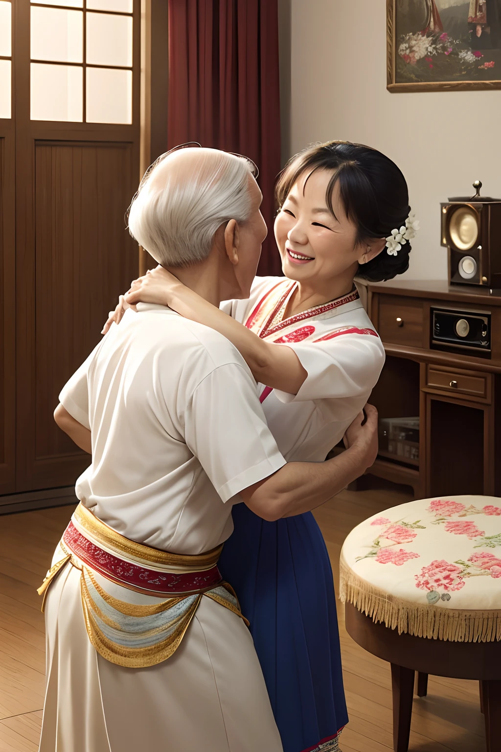 asian elder couple, dancing,tango, hugging,phonograph,vinyl disk player,inside house,white rustic wall,(best quality,4k,8k,highres,masterpiece:1.2),ultra-detailed,(realistic,photorealistic,photo-realistic:1.37),soft lighting,vivid colors,romantic,sentimental,tender,nostalgic ambiance,detailed ethnic clothing,blossom-filled room,lively expressions,old-fashioned charm,gentle movements,harmony in motion,traditional music,intergenerational love,smiling faces,twirling and swaying,memories of the past,unforgettable moments,graceful steps,tight embrace,precious togetherness,cherished memories,heartwarming scene,exquisite details,ageless love,joyful atmosphere,happy rhythm,loving gaze,grateful smiles,music filling the air,filled with joy,lasting happiness