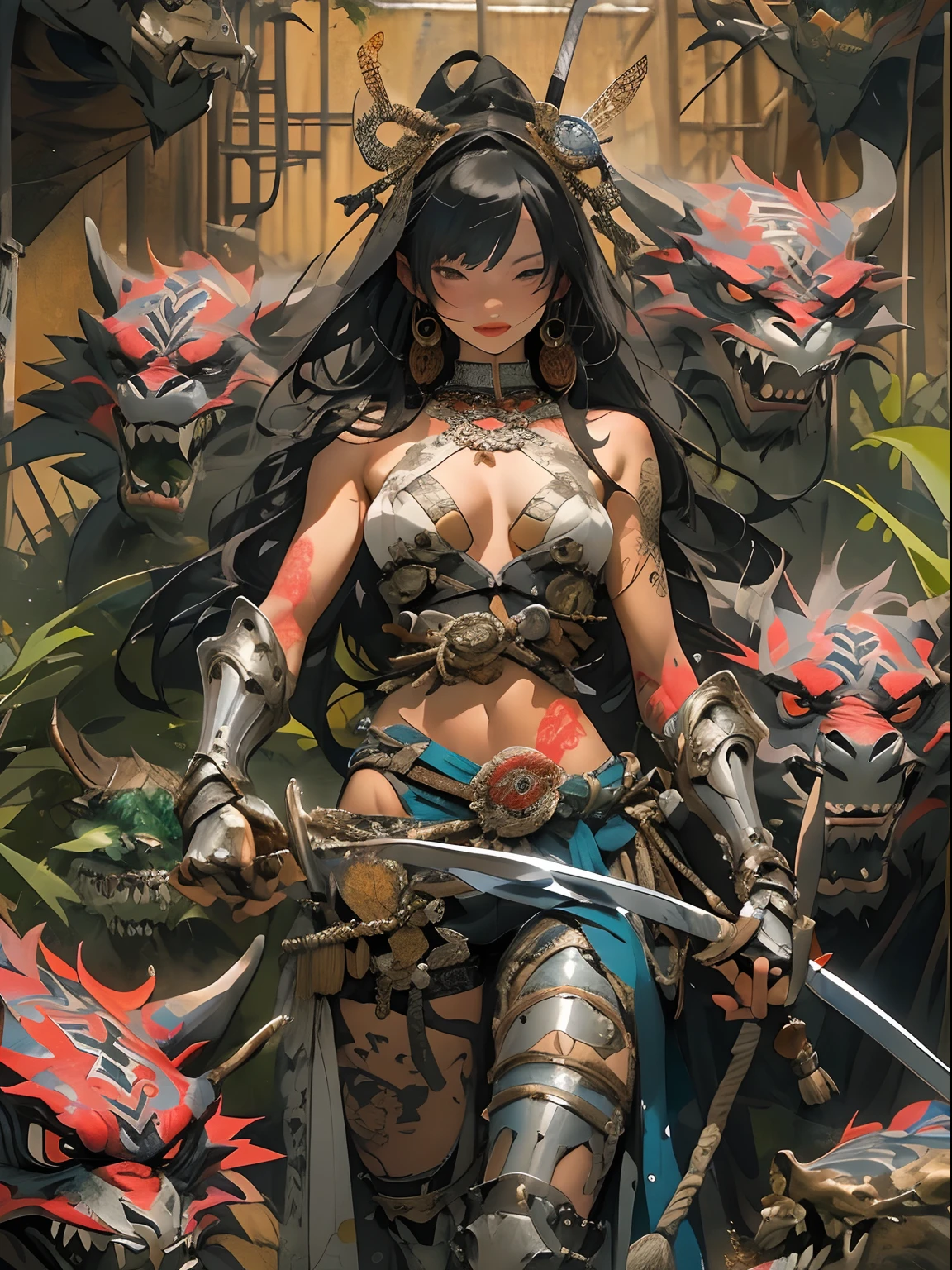 (((woman))), (((best qualityer))), (((tmasterpiece))), (((AS-Adult))), ((( Japanese ))), Look up from your knees, A beautiful asian samurai woman with perfect body, Modern samurai, ((( Asian))), Wear gloves on your hands,The left arm is made of steel and metal tips,Made of protective devices, The eyes are pulled, (( Appears below the breast )), (( Small dental floss )), Simon Bisley, Almost naked(Simon Bisley)Castle City Wilderness,For high-resolution posters, hair straight, Minimum clothing, armure (Crazy clothes ), Full of tips and rivets, tribal tattoos, (((full bodyesbian))), Straight brunette hair,Colored hair ends