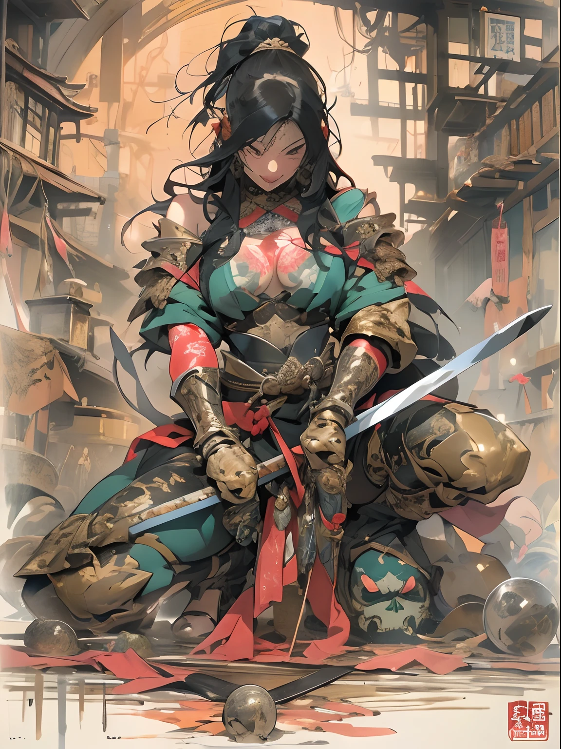 (((woman))), (((best qualityer))), (((tmasterpiece))), (((AS-Adult))), ((( Japanese ))), Look up from your knees, A beautiful asian samurai woman with perfect body, Modern samurai, ((( Asian))), Wear gloves on your hands,The left arm is made of steel and metal tips,Made of protective devices, The eyes are pulled, (( Appears below the breast )), (( Small dental floss )), Simon Bisley, Almost naked(Simon Bisley)Castle City Wilderness,For high-resolution posters, hair straight, Minimum clothing, armure (Crazy clothes ), Full of tips and rivets, tribal tattoos, (((full bodyesbian))), Straight brunette hair,Colored hair ends