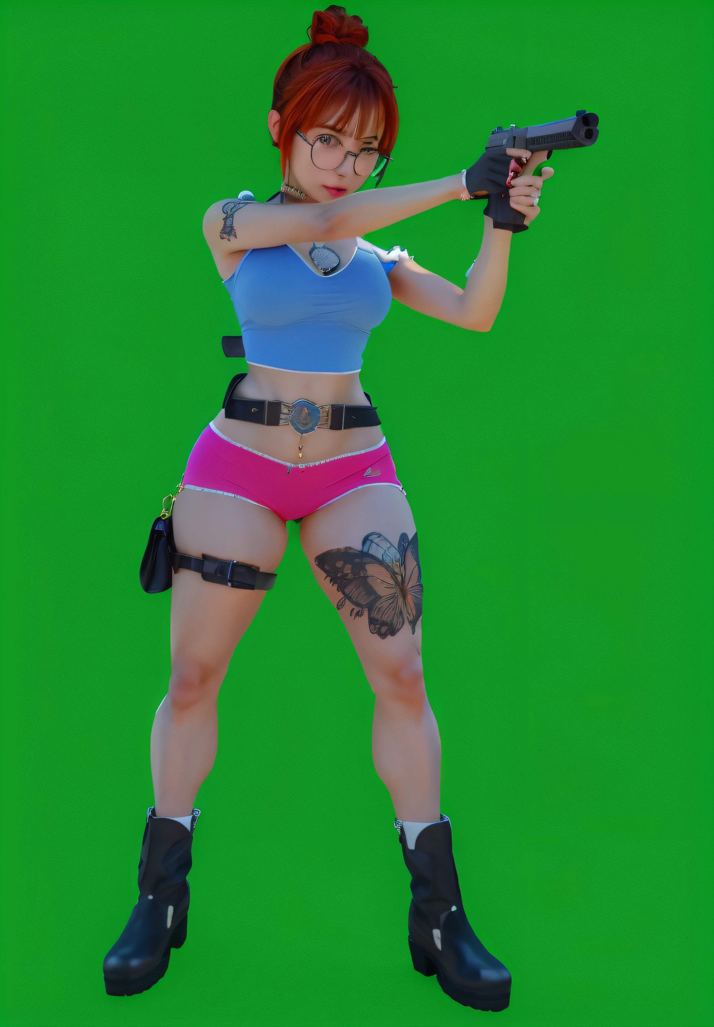 mulher hiper realista, corpo perfeito, rosto bem definido, linda, Advanced quality, blusa azul, shorte rosa, with a suspender belt at the waist, You are wearing borrow boots, cabelos vermelho, oculos preto com lente transparente, olhos verdes, is pointing a pistol with both hands aiming, mulher linda bem detalhada, tem uma tatuagem no peito, on the thigh a tattoo with an image of a woman with butterflies behind her, imagem 3d hiper realista sem defeitos.
