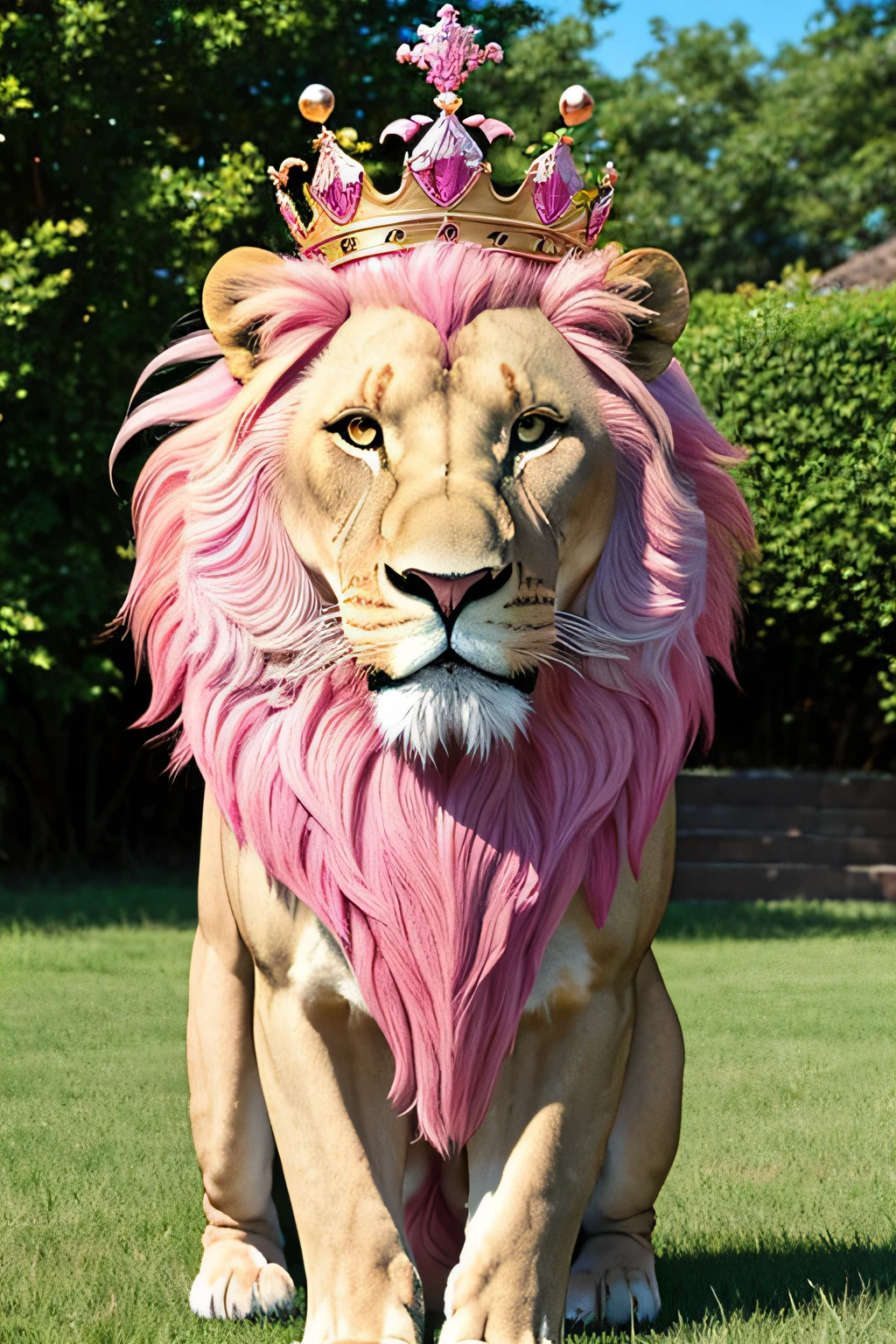 A completely pink lion with a crown, con corona