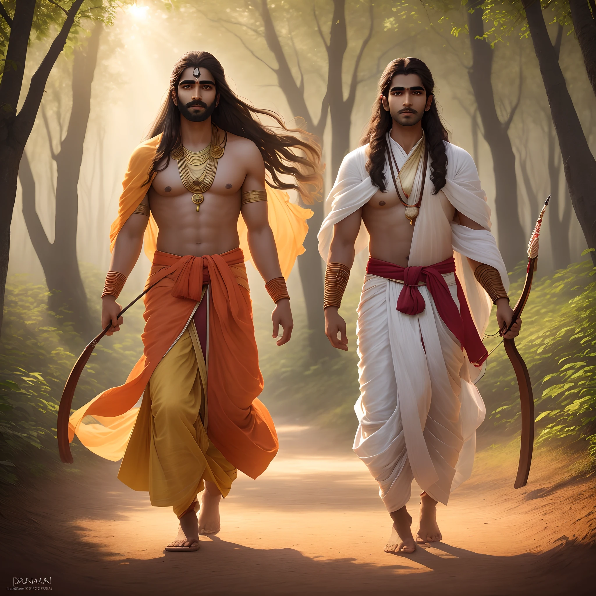 ultra realistic, 8k, extremely detailed, high quality, natural light image, daylight, sunlight floor light, ultra realistic image, realistic texture, extremely detailed, realistic texture, high quality, 2 indian boy 18s with a muscular hindu saint age 60s, long brown hair floating in the wind, no beard, clear faces, no hair on face,Two ancient Indian handsome brothers wearing different colors of dhoti, having bow in hands, going to woods, near a river and a mountain, clear details, super quality, smiley faces, wearing golden crowns, long hair, age is 20 year, hinduism, big trees near, wide chest and narrow waist, soft, clear eyes, Beautiful face, with bow and arrow,  hindu mythology drawing, wearing orange and green rug indian prince style, walking side by side, on a dirt road, in the surroundings beautiful colorful forest, at sunset, ultra realistic photo, perfect face details, good texture of skin, perfect shadows and light, sunbeam penetrating the forest