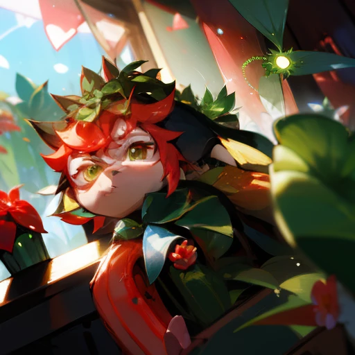 Male Cookie run Character based traptrix sera ,Sundew plant, elegant,red and Green , Sundew cookie, high quality, masterpiece High aesthetic, drosera