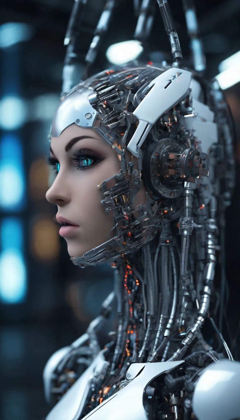 looking down on the camera,Focus on full-body shooting,Full body paint is required,highly detailed,Cyberpunk Style,She has six robotic arms,(Best quality,4K,A high resolution,Ultra-detailed:1.2),Vivid colors,Sharp focus,Physically-based rendering,Extreme detail description,professional,Mechanical transparent waist,Long white cascading hair,Perfect facial features,Incredible breasts hang in front of you, Unbelievably exaggerated big buttocks, Wide hips, Incredibly long muscular legs take up two-thirds of the body,Glamorous mechanical heels,Unbelievable,Extremely detailed eyes and face,Long eyelashes, Confident and powerful facial expressions,with perfect feet