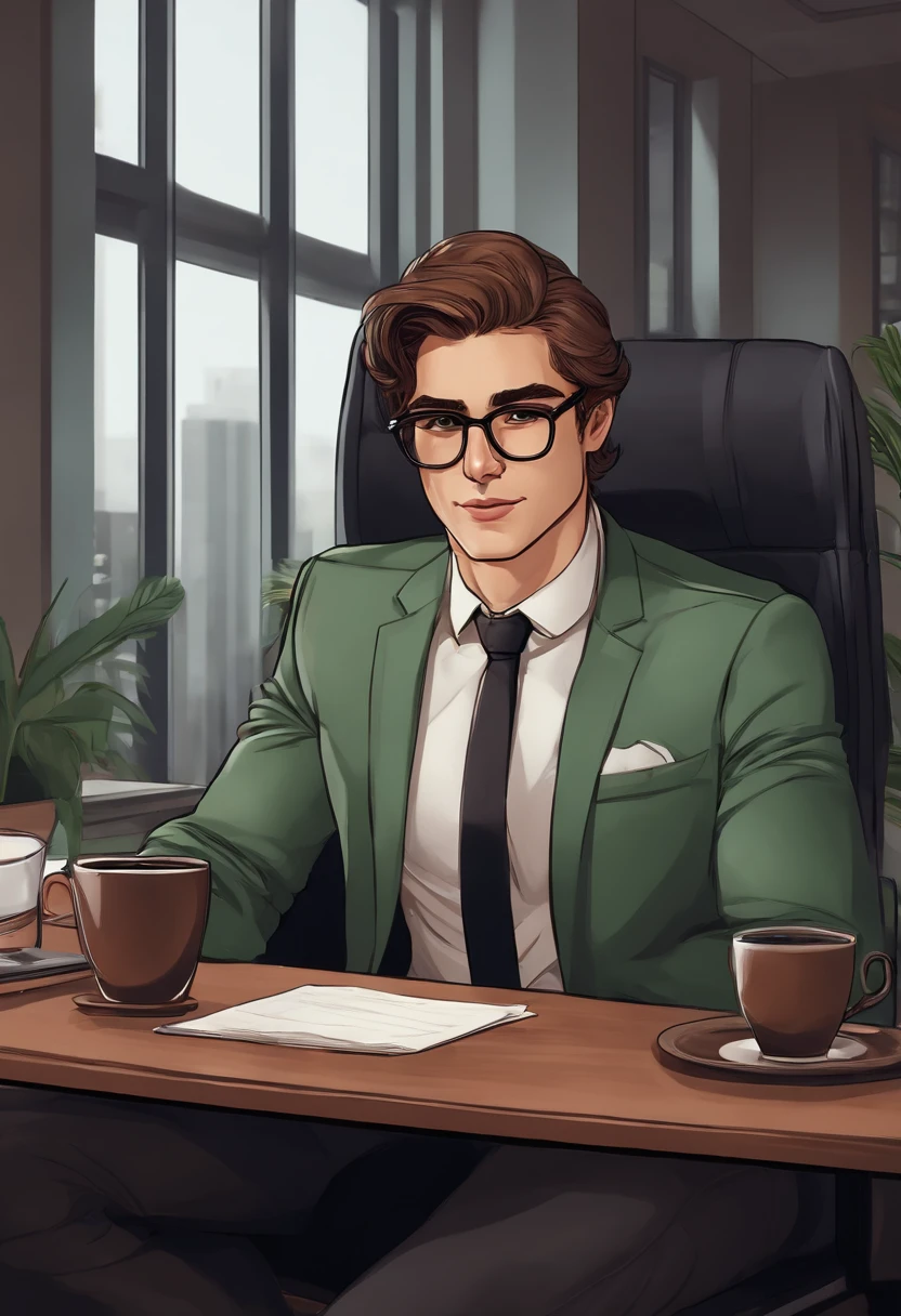 brown hair with green eyes, leaning back on a office chair looking at a computer screen while holding a cup of coffee in his hand, big round glasses wearing a suit and tie, is a guy