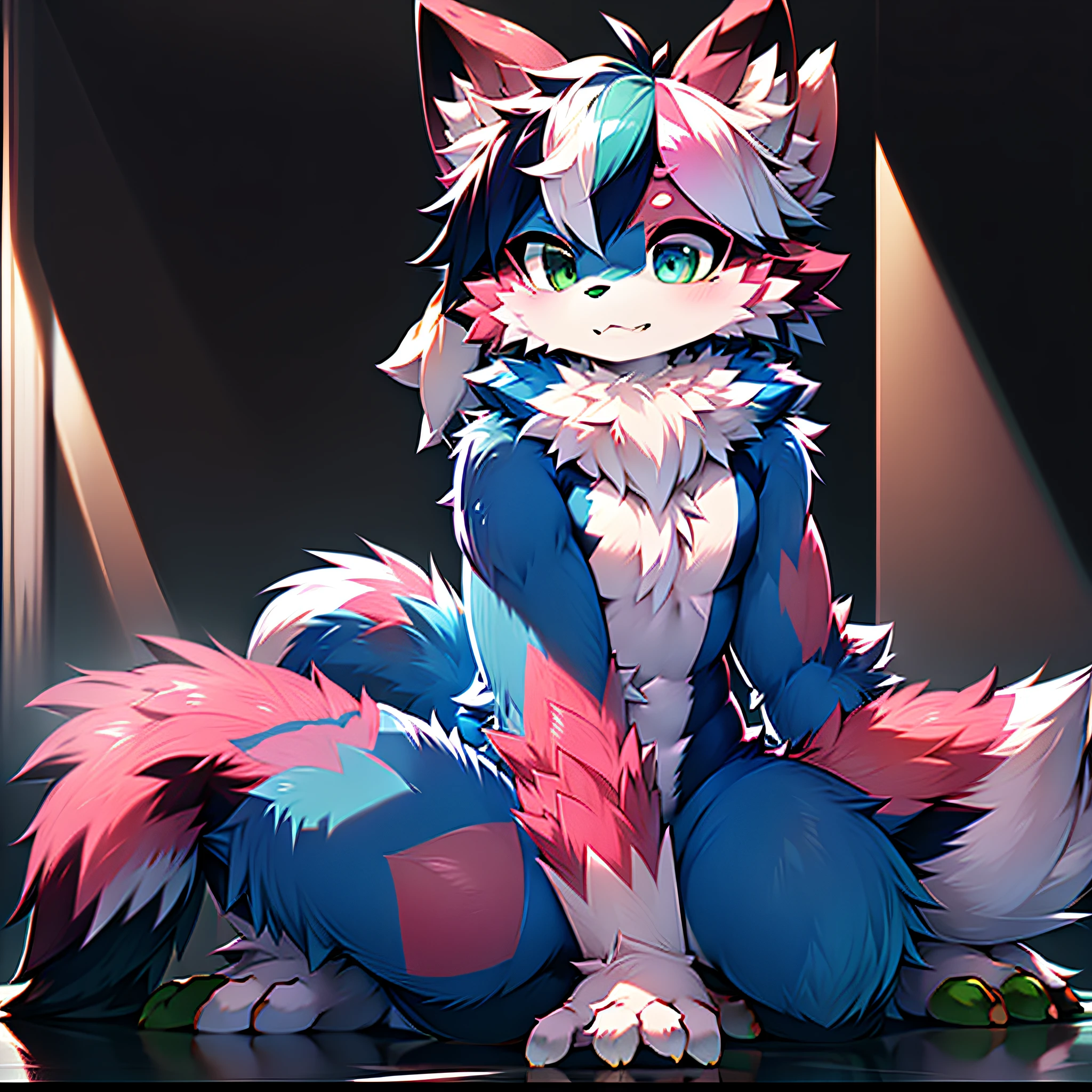 Light blue and light green furry body，coyote，A green eye，A blue eye，dardark blue hair，Pink meat pad，The background is on a gray flat ground