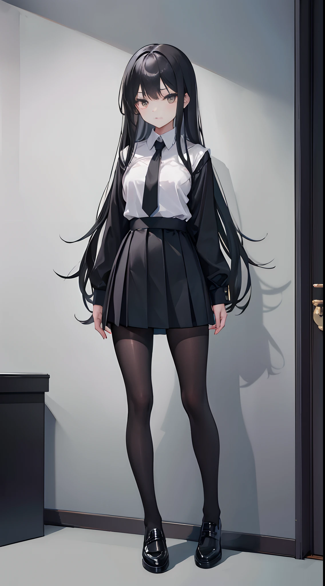 Standing full body portrait,-yeld giE cup,Long straight black hair,Black colored eyes,Green Chinese school uniform,Black silk gloves,Black silk pantyhose,Black silk tights,Black sneakers,Streets at night