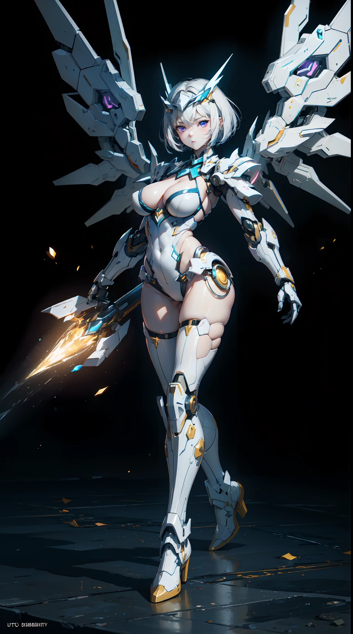((((masterpiece, best quality, high resolution)))), Extremely detailed 8K, Beautiful girl with slender body, (Ultra HD, Ultra-detailed, Highly detailed, Highly realistic, Ultra-realistic, photograph realistic), (1girl:1.5), realistic white hair, short wavy hair, bob cut, purple eyes, (large breasts: 1.2), cleavage, mecha musume, (white full body suit), glowing parts, light particles, light energy, mechanical wings, mechanical thrusters, mecha headgear, cyber effect, cyber space, (dynamic pose)