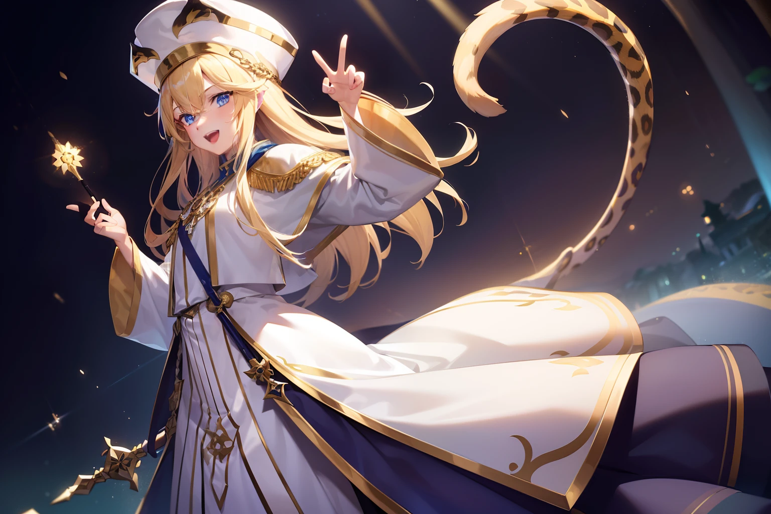 cinematic lighting, 8K, masterpiece, 1 girl, (tail:1.3),(tail : leopard), blonde hair, long hair, blue eyes, (white priest clothes:1.2), tall hats, holding wand, standing, open mouth, smile, hand sign, scenery, from side, look at viewer