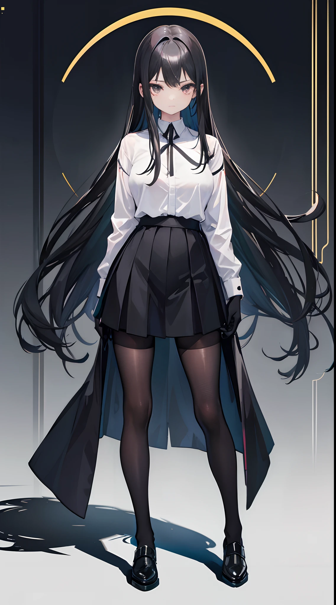 Standing full body portrait,-yeld giE cup,Long straight black hair,Black colored eyes,Green Chinese school uniform,Black silk gloves,Black silk pantyhose,Black silk tights,Black sneakers,Streets at night