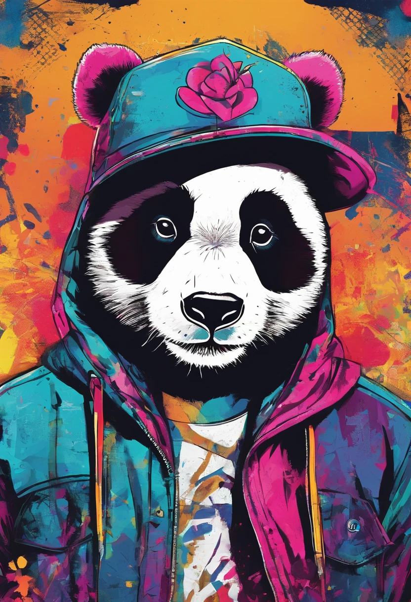 A painting of a cute panda wearing a hat，Popular at the art station，Wear sportswear，Detailed, ultra-realistic rendering，British gang members，Street style，intimidating pose，planet of cats，Stylish clothes，urbansamurai，Mewtwo，West Slavic features，8 1 5，Animate