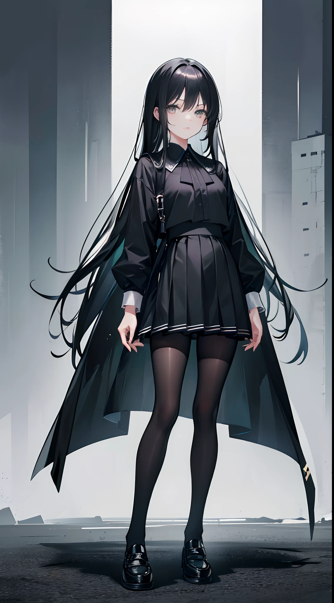 Standing full body portrait，17-year-old girl，E cup，Long straight black hair，Black colored eyes，Green Chinese school uniform，Black silk gloves，Black silk pantyhose，Black silk tights，Black sneakers，Streets at night