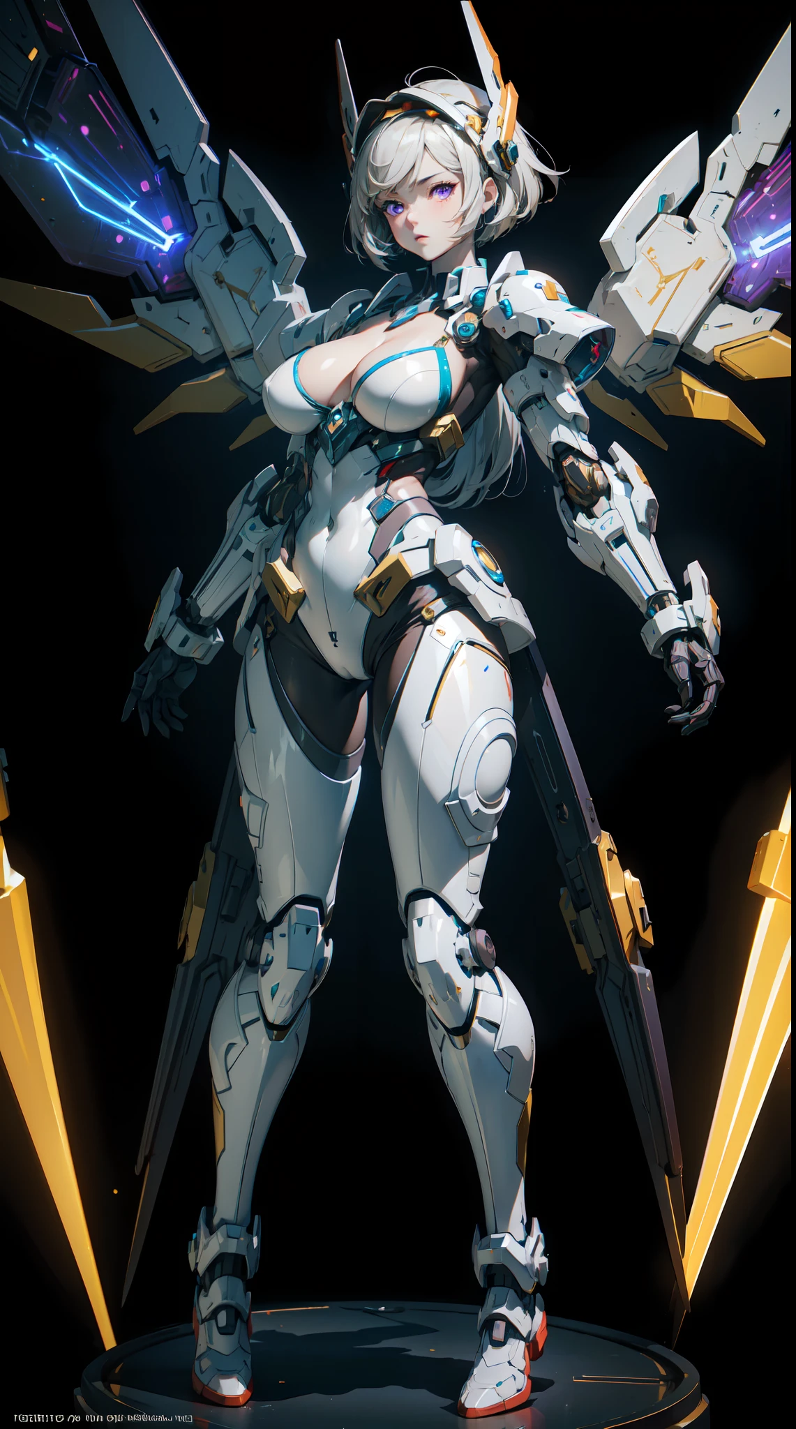 ((((masterpiece, best quality, high resolution)))), Extremely detailed 8K, Beautiful girl with slender body, (Ultra HD, Ultra-detailed, Highly detailed, Highly realistic, Ultra-realistic, photograph realistic), (1girl:1.5), realistic white hair, short wavy hair, bob cut, purple eyes, (large breasts: 1.2), cleavage, mecha musume, (white full body suit), glowing parts, light particles, light energy, mechanical wings, mechanical thrusters, mecha headgear, cyber effect, cyber space, (dynamic pose)