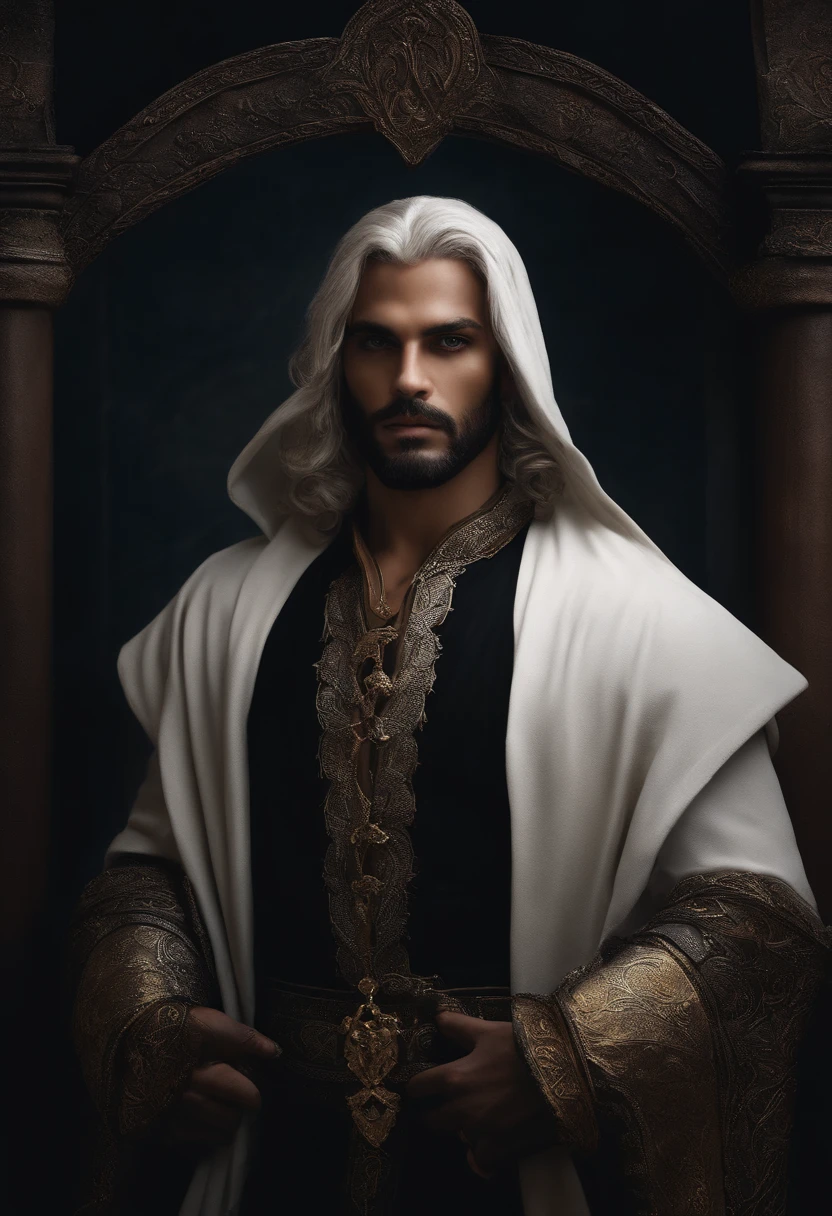 Um retrato de um homem bonito, um padre exorcista de olhos negros, cabelo preto vestindo trajes de padre, A well-contrasted image drenched in mystery, dramatic lighting, Dramatic profile pose, an environment full of magical shadows and mysteries in a medieval RPG art, uma arte de RPG uma arte de RPG medieval, arte de jogo, arte de banner, She has a dark aura because he's evil, he's a CarDos Anime villain