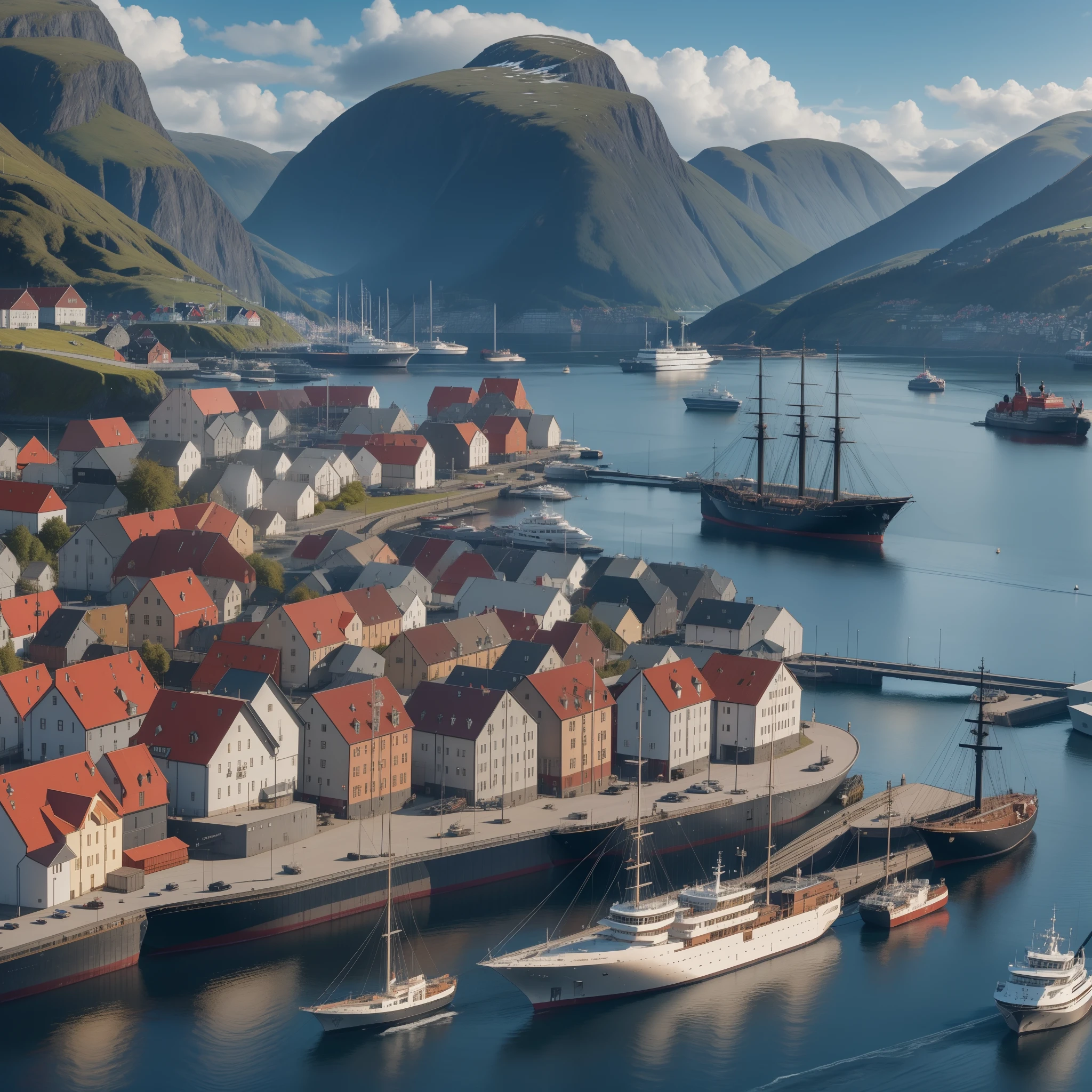 photo, (wide dynamic range), fine art, masterpiece, super detail, high quality, award winning, 8k, port of bergen, in Norway, traditional nordic buildings, ship at anchor, natural light, on a sunny day, in summer, in the afternoon