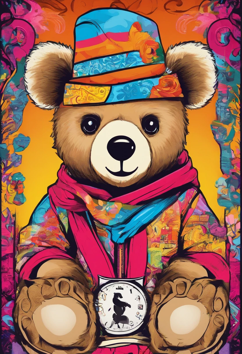 A painting of a cute bear wearing a hat，Popular at the art station，Wear sportswear，Detailed, Ultra-realistic rendering，British gang members，Street style，Cute pose，planet of cats，Stylish clothes，urbansamurai，Mewtwo，West Slavic features，8 1 5，Animate