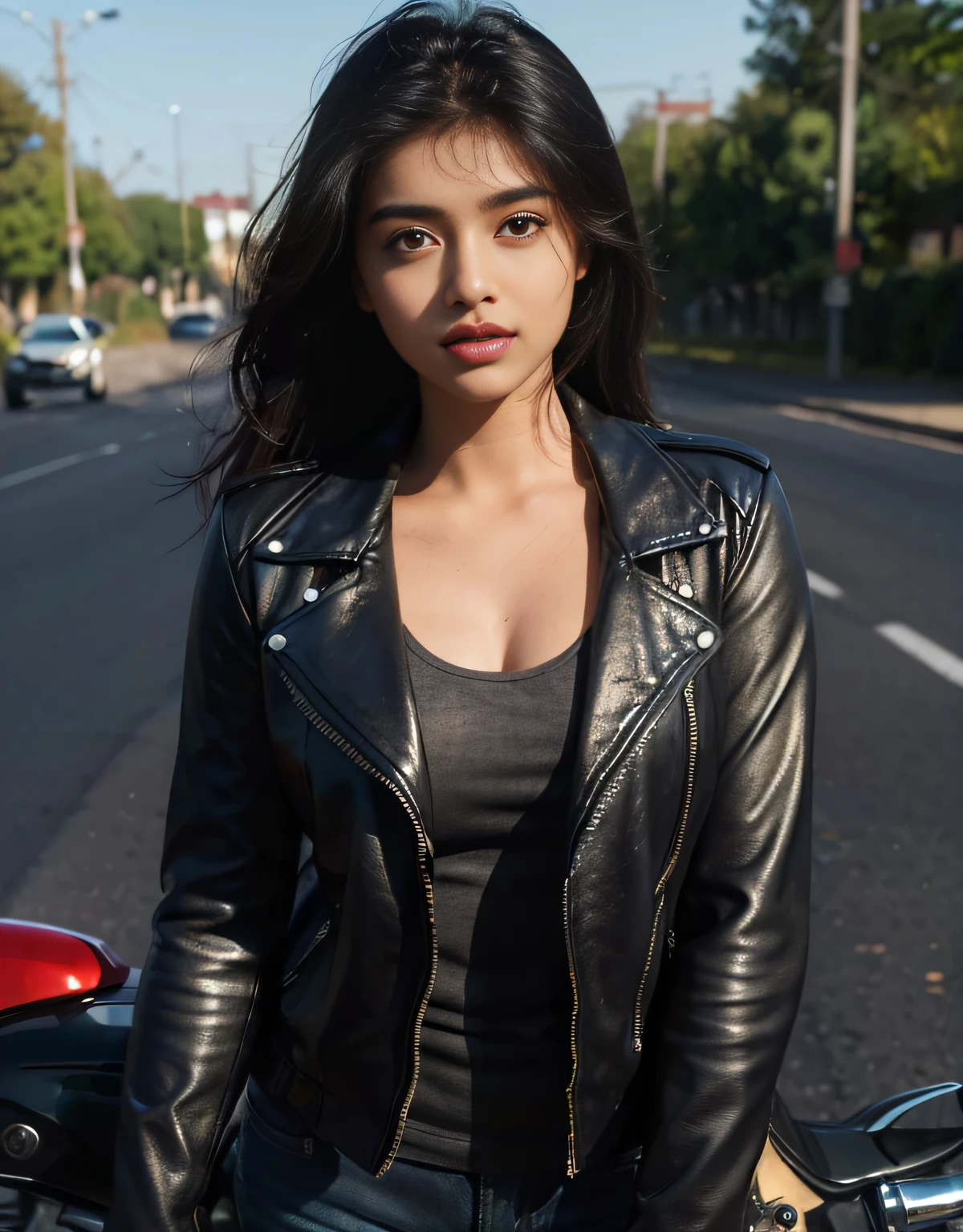 (((desi Indian girl))), chubby face, natural skin, (((highly detailed face and skin texture, 8k, ultrarealistic))), ((Masterpiece: 1.3, best quality, crisp focus)), girl on a motorbike, motorbike rider girl, black leather rider jacket, standing next to motorbike, harley davidson bike