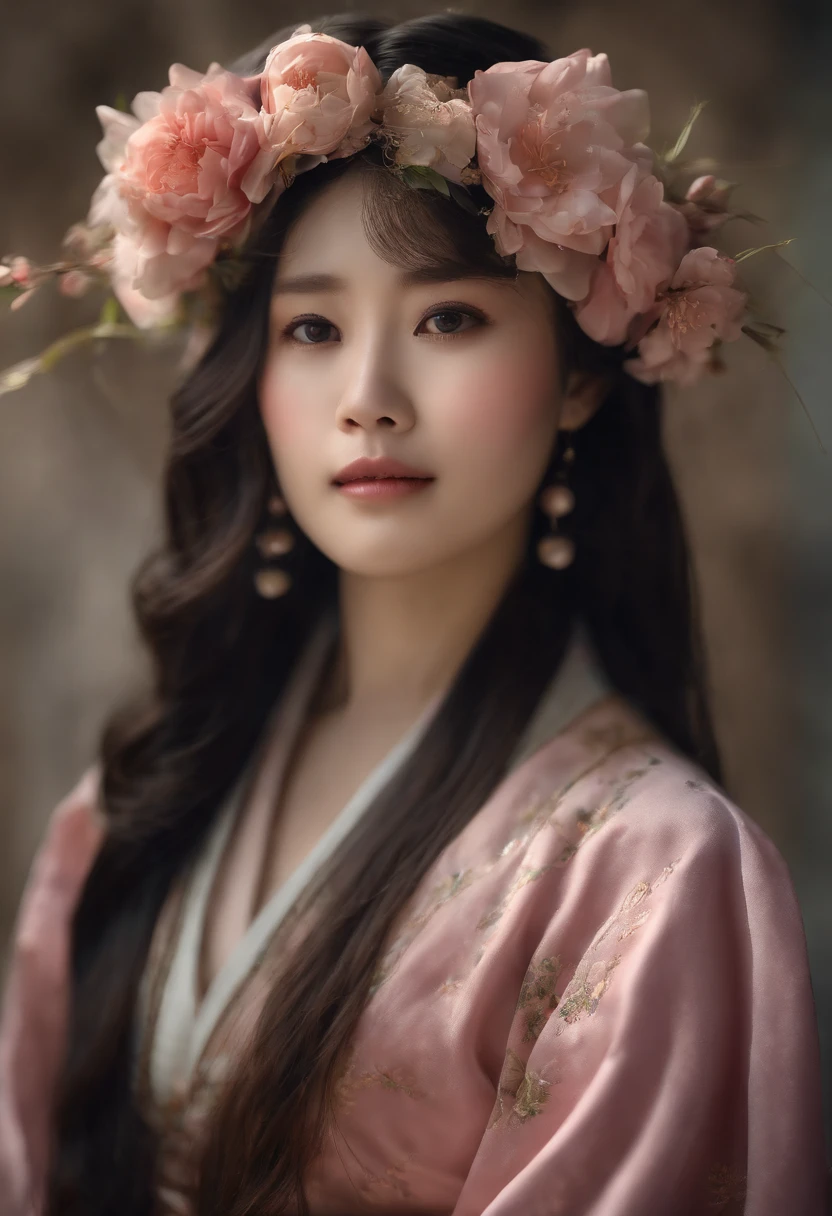 masterpiece, (photorealistic:1.5), realistic eyes, asian woman, best quality, beautiful lighting, professional lighting, photon mapping, radiosity, physically-based rendering,, kamado nezuko, 1girl, black hair, forehead, hair ribbon, japanese clothes, kimono, long hair, multicolored hair, open mouth, pink eyes, pink kimono, pink ribbon, ribbon, smile, very long hair, sky, ((aged up)),, (RAW photo, 8k uhd, film grain)