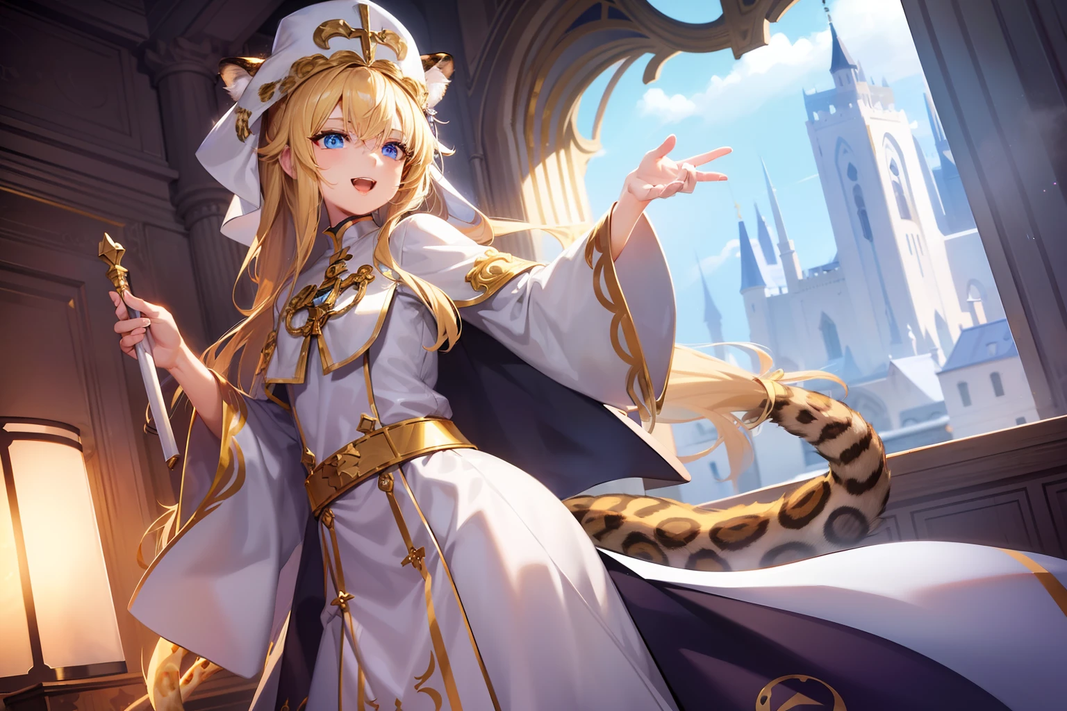 cinematic lighting, 8K, masterpiece, 1 girl, (tail:1.3),(tail : leopard), blonde hair, long hair, blue eyes, (white priest clothes:1.2), tall hats, holding wand, standing, open mouth, smile, hand sign, scenery, from side, look at viewer