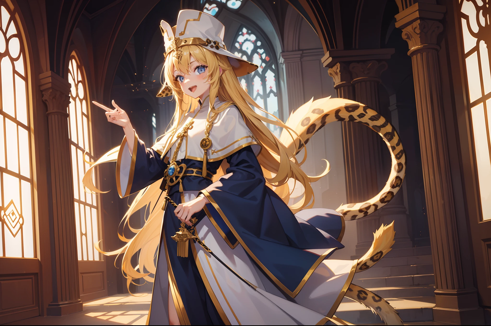 cinematic lighting, 8K, masterpiece, 1 girl, (tail:1.3),(tail : leopard), blonde hair, long hair, blue eyes, (white priest clothes:1.2), tall hats, holding wand, standing, open mouth, smile, hand sign, scenery, from side, look at viewer