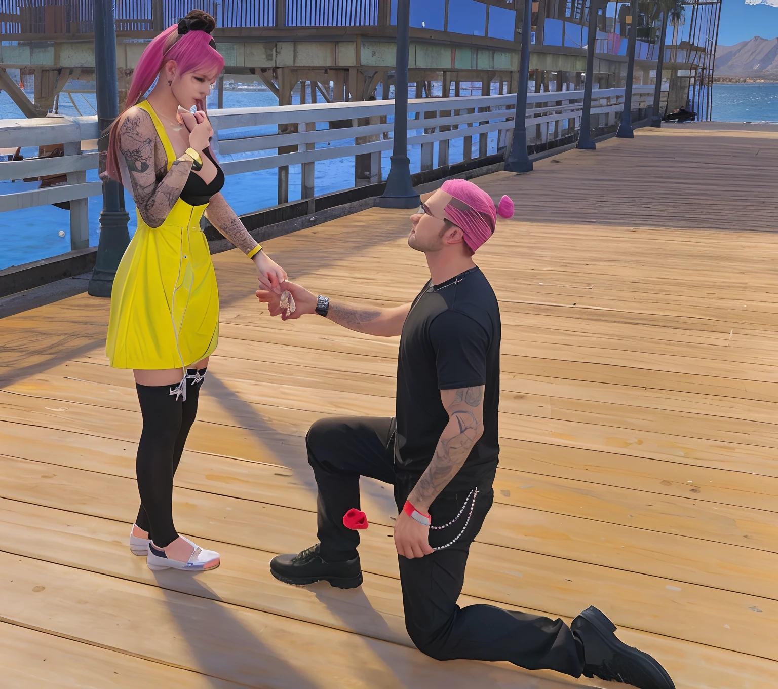 There is a man kneeling before a woman who is holding his hand, homem propondo sua namorada, Cena realista, ariana grande em gta v, Detalhes adicionais, Fotografia tirada em 2 0 2 0, inspirado em L. Um. anel, IMVU, DUmZ 3D, !female, DUmZ3D, DUmZ 3D, !!altamente detalhado!!, rsrs