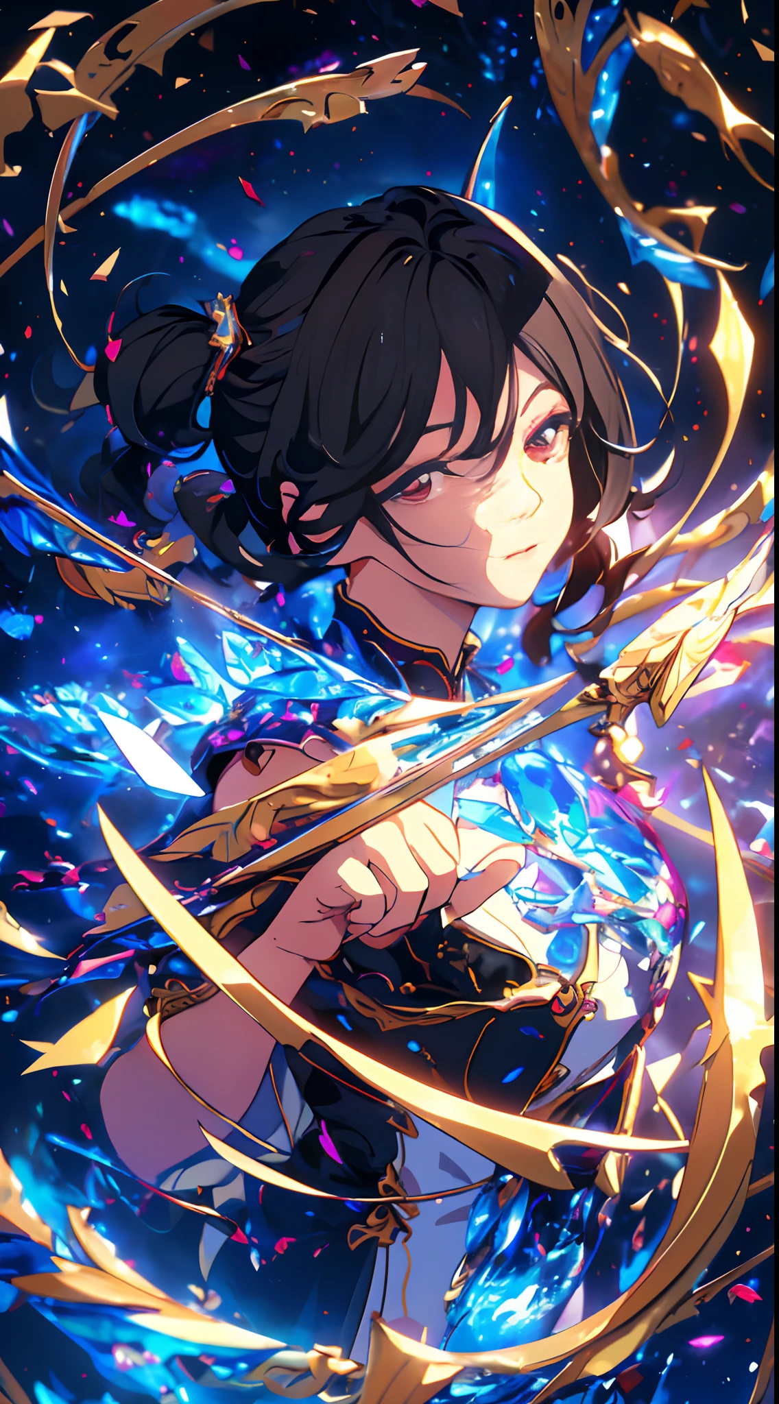 (Masterpiece: 1.2, highest quality), (Detailed Beautiful Eyes: 1.2), (Detailed Background, Dark Fantasy), (Beautiful Detailed Face), High Contrast, (Best Lighting, Very Delicate and Beautiful), (Cinematic Light)), Colorful, Hyper Detail, Dramatic Light, Intricate Detail, (Single Girl, Solo,Black Hair, Sharp Face, Low Twin Tails, Red Eyes, Hair Between Eyes, Dynamic Angle), (Blood Splash: 1.4), swirling black light around character, depth of field, black light particles, (glass shards), magic circle,