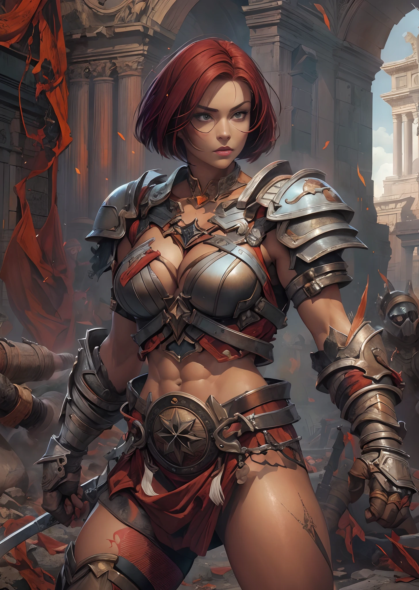 (((of the highest quality: 1.4))),(unparalleled masterpiece ever), (Ultra high definition),(Ultra realistic 8K CG), (((adult body))), (((1girl in))), ((( Bob Shorthair ))), Gladiators with perfect bodies,,Beautiful and well-groomed face,muscular body:1.4,Detailed breastplate, gauntlets、is standing, (Image from head to thigh),(( Red Bob Shorthair )),, Simon Bisley's urban savage style,Detailed ancient Roman background,Clean abs, Complex equipment, Dark brown with white stars and gray and white stripes,,,s Armor, Poison tattoo