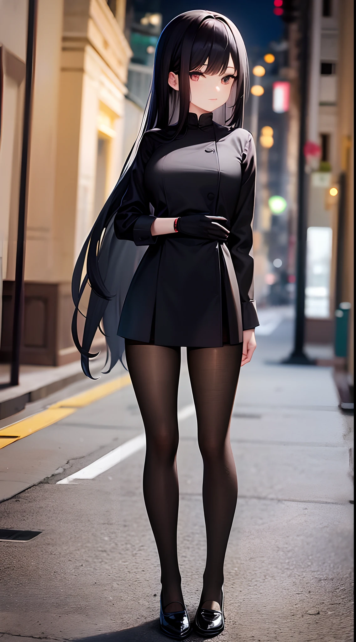 Standing full body portrait，17-year-old girl，E cup，Long straight black hair，Black colored eyes，Green Chinese school uniform，Black silk gloves，Black silk pantyhose，Black silk tights，Black sneakers，Streets at night
