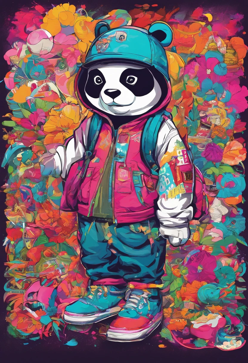 Full body depiction,Cute panda painting in hat,Popular at the art station,Wear sportswear,Detailed, Ultra-realistic rendering,British gang members,Street style,Cute pose,planet of cats,Stylish clothes,urbansamurai,Mewtwo,West Slavic features,8 1 5,Animate