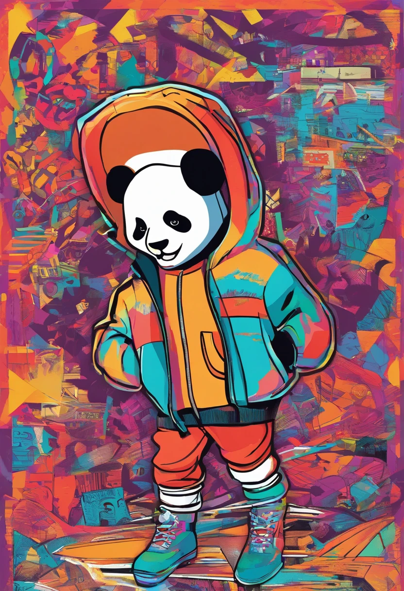 Full body depiction，Cute panda painting in hat，Popular at the art station，Wear sportswear，Detailed, Ultra-realistic rendering，British gang members，Street style，Cute pose，planet of cats，Stylish clothes，urbansamurai，Mewtwo，West Slavic features，8 1 5，Animate
