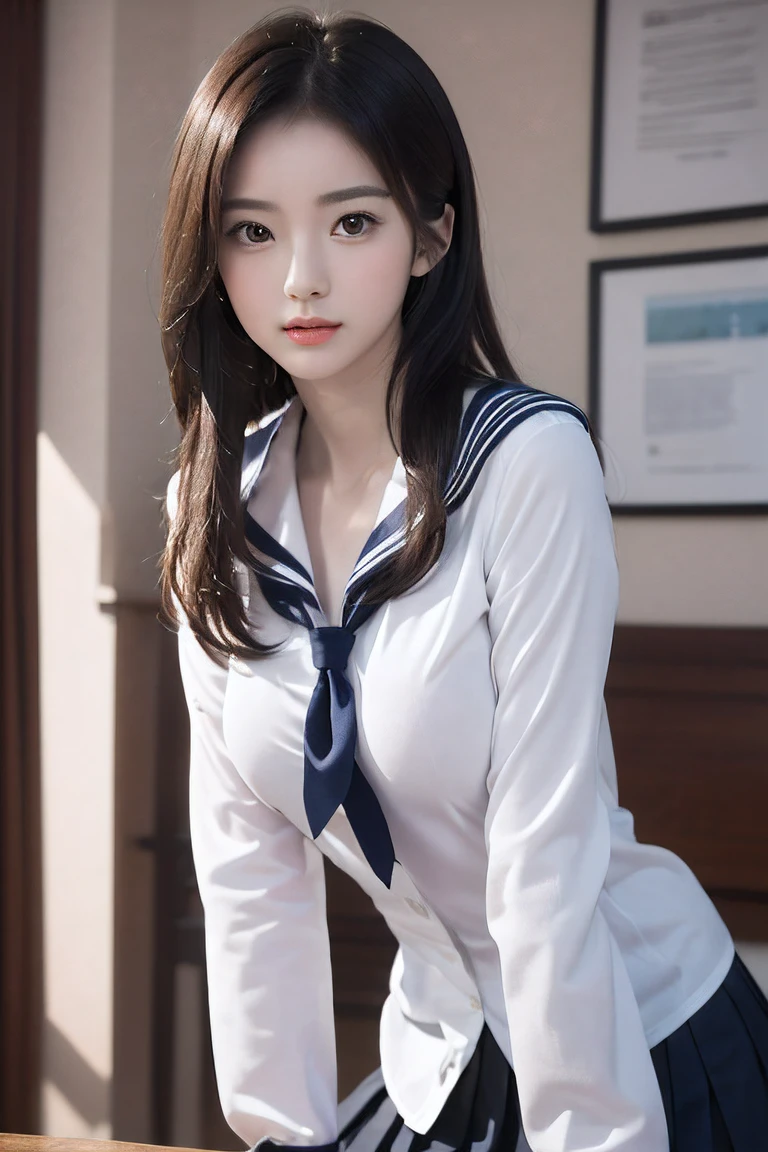 (1girl:1.3, solo), (a extremely pretty and beautiful Japanese woman), (sexy girl), (professional attire:1.3), (22 years old: 1.1), (from below:1.3), (low angle:1.3), (ground level shot:1.3), (girl on top:1.3), (arms behind back between legs:1.3), (attractive random posing:1.3), (in the queenroom:1.3), (starring at you:1.3), break, (bobble ponytail:1.3), (shiny-black thin hair:1.2), bangs, dark brown eyes, beautiful eyes, princess eyes, (big eyes:1.3), bangs, Hair between eyes, short hair:1.3, (slender:1.1), (small-medium-breasts:0.95), (thin waist: 1.15), (detailed beautiful girl: 1.4), Parted lips, Red lips, full-make-up face, (shiny skin), ((Perfect Female Body)), (Upper Body Image:1.3), Perfect Anatomy, Perfect Proportions, (most beautiful Korean actress face:1.3, extremely cute and beautiful Japanese actress face:1.3), BREAK, (View viewer, wearing a school girl uniform, (insanely detailed collared sailor shirt:1.3, long-sleeve:1.3), (black box-skirt:1.3), detailed clothes, BREAK, (detailed classy queenroom background:1.2), (dark background), (Studio soft lighting: 1.3), (fake lights: 1.3), (backlight: 1.3), BREAK, (Realistic, Photorealistic: 1.37), (Masterpiece, Best Quality: 1.2), (Ultra High Resolution: 1.2), (RAW Photo: 1.2), (Sharp Focus: 1.3), (Face Focus: 1.2), (Ultra Detailed CG Unified 8k Wallpaper: 1.2), (Beautiful Skin: 1.2), (pale Skin: 1.3), (Hyper Sharp Focus: 1.5), (Ultra Sharp Focus: 1.5), (Beautiful pretty face: 1.3), (super detailed background, detail background: 1.3), Ultra Realistic Photo, Hyper Sharp Image, Hyper Detail Image,