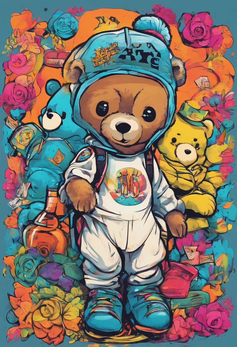 Full body depiction，Painting of cute bear in hat，Popular at the art station，Wear sportswear，Detailed, Ultra-realistic rendering，British gang members，Street style，Cute pose，planet of cats，Stylish clothes，urbansamurai，Mewtwo，West Slavic features，8 1 5，Animate