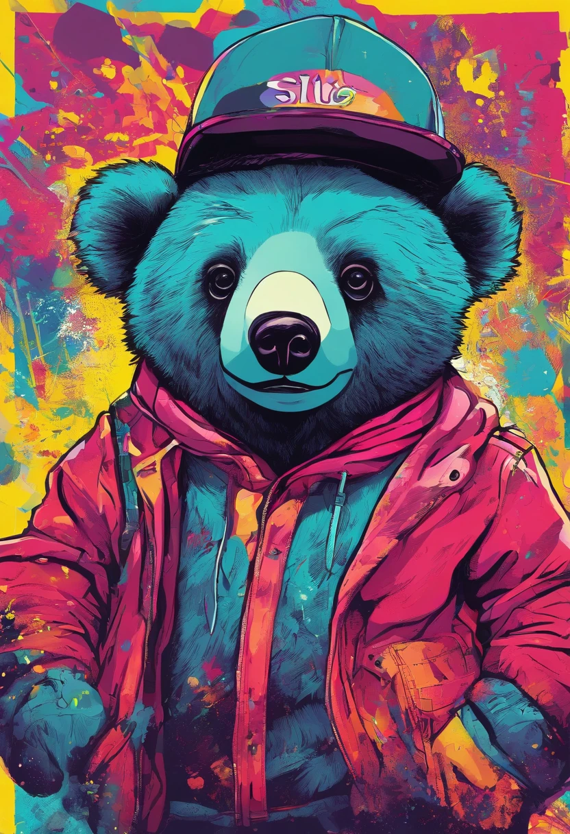 Full body depiction,Painting of cute bear in hat,Popular at the art station,Wear sportswear,Detailed, Ultra-realistic rendering,British gang members,Street style,Cute pose,planet of cats,Stylish clothes,urbansamurai,Mewtwo,West Slavic features,8 1 5,Animate