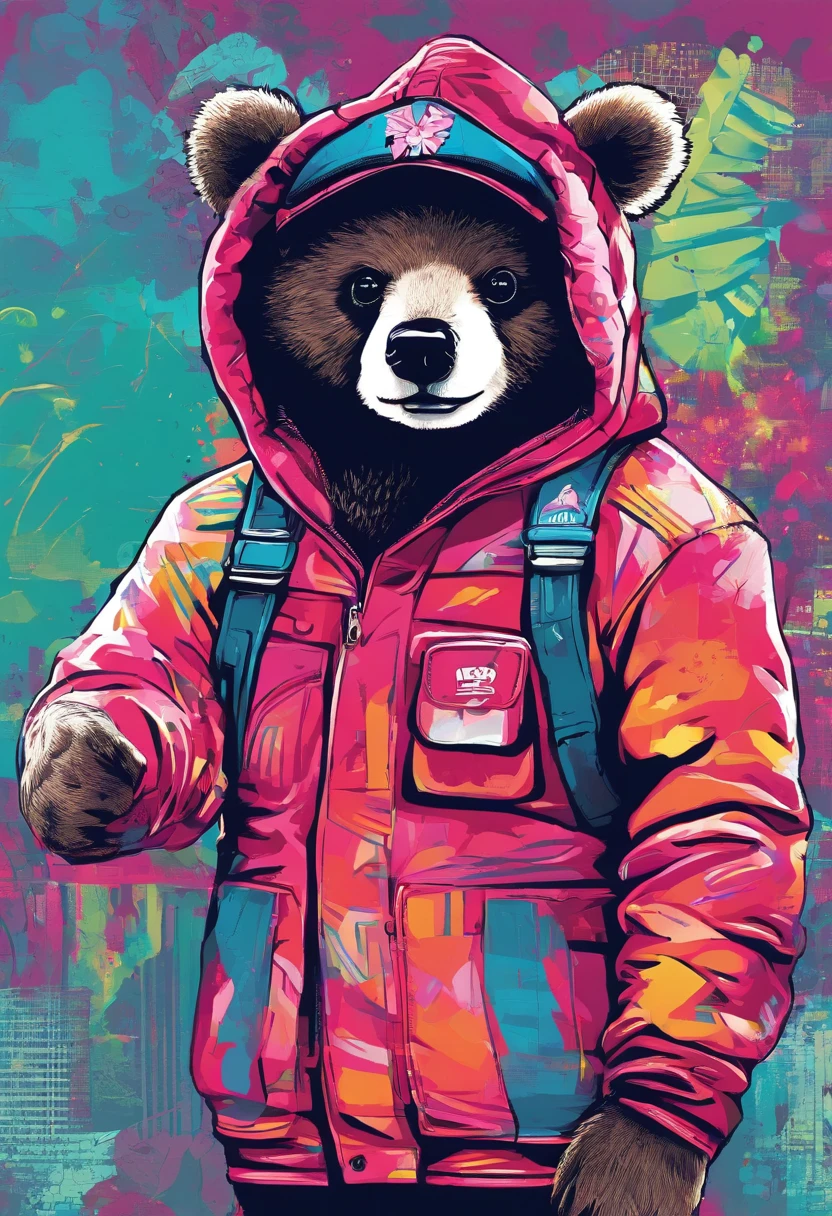 Full body depiction，Painting of cute bear in hat，Popular at the art station，Wear sportswear，Detailed, Ultra-realistic rendering，British gang members，Street style，Cute pose，planet of cats，Stylish clothes，urbansamurai，Mewtwo，West Slavic features，8 1 5，Animate