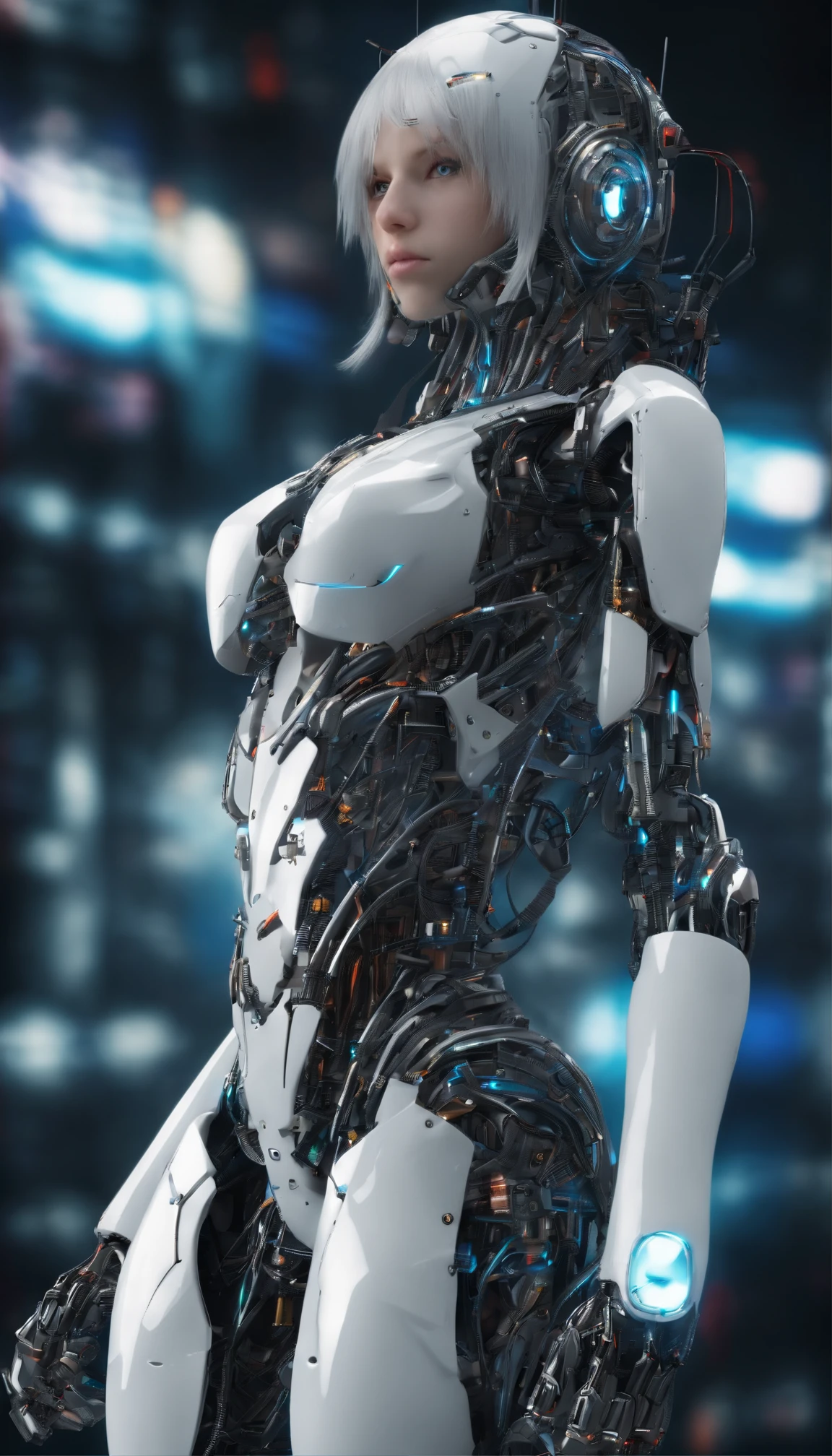 looking down on the camera,Focus on full-body shooting,Full body paint is required,highly detailed,Cyberpunk Style,She has six robotic arms,(Best quality,4K,A high resolution,Ultra-detailed:1.2),Vivid colors,Sharp focus,Physically-based rendering,Extreme detail description,professional,Mechanical transparent waist,Long white cascading hair,Perfect facial features,Incredible breasts hang in front of you, Unbelievably exaggerated big buttocks, Wide hips, Incredibly long muscular legs take up two-thirds of the body,Glamorous mechanical heels,Unbelievable,Extremely detailed eyes and face,Long eyelashes, Confident and powerful facial expressions,with perfect feet