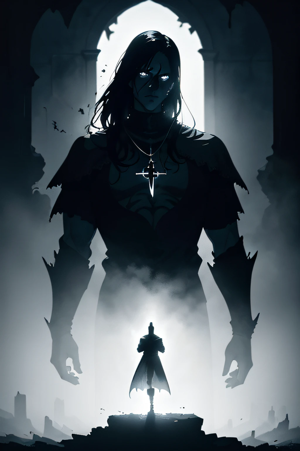 Um retrato de um homem bonito, um padre exorcista de olhos negros, cabelo preto vestindo trajes de padre, A well-contrasted image drenched in mystery, dramatic lighting, Dramatic profile pose, an environment full of magical shadows and mysteries in a medieval RPG art, uma arte de RPG uma arte de RPG medieval, arte de jogo, arte de banner, She has a dark aura because he's evil, He's a villain
