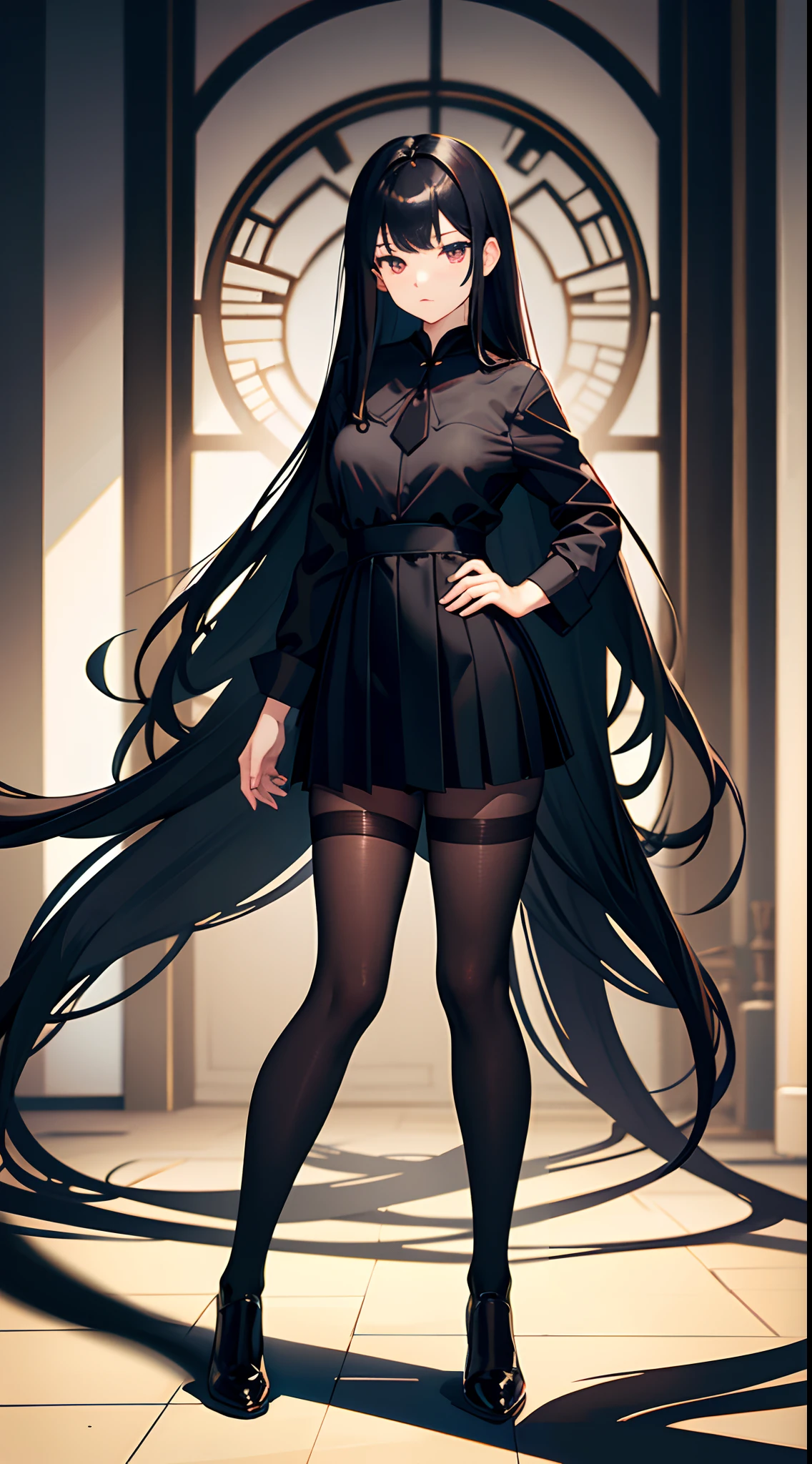 Anime girl with long black hair and black dress posing in front of a ...